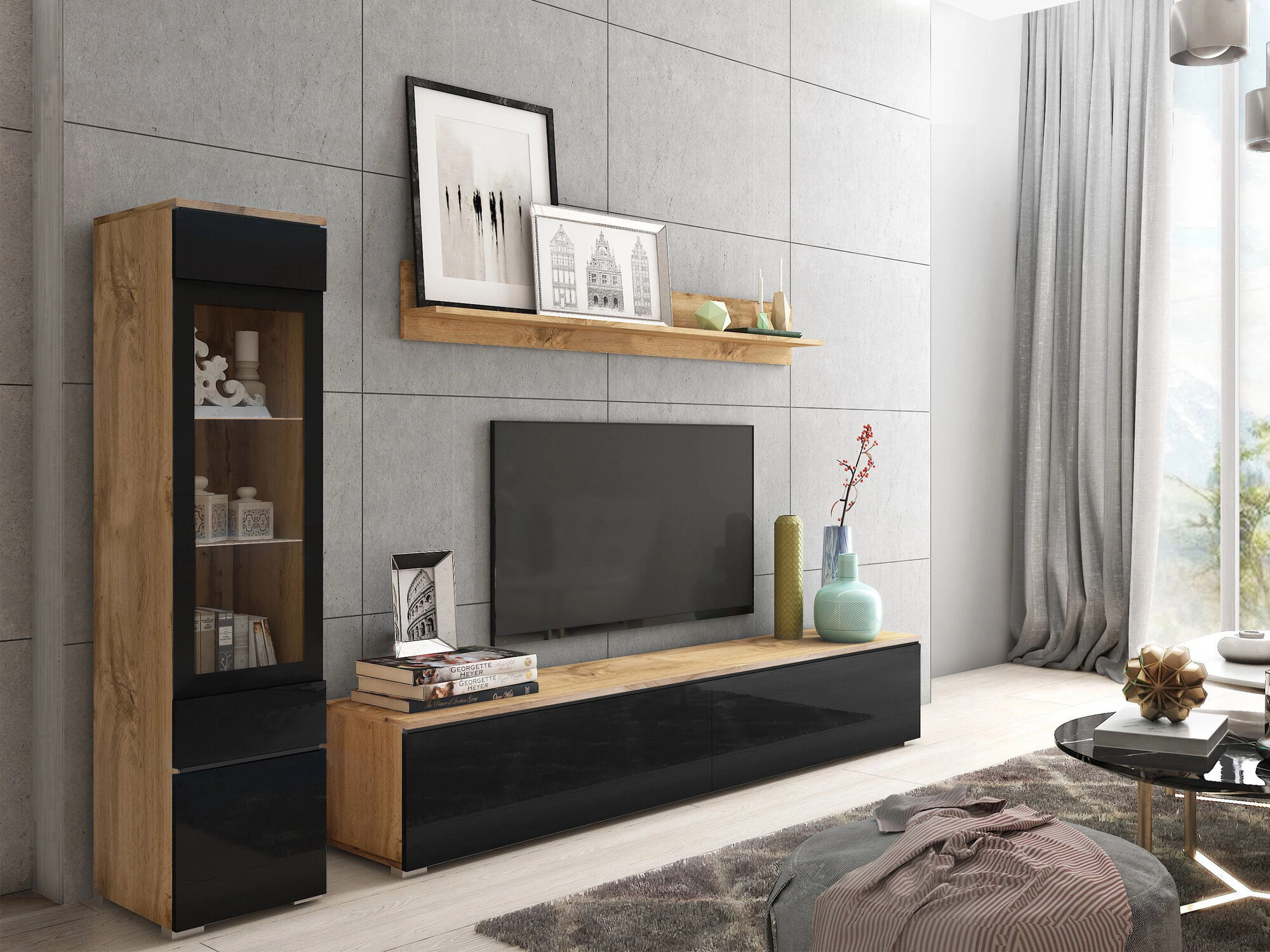 Conjunto de salón Mirfivo 100 (Roble wotan + Negro brillante)