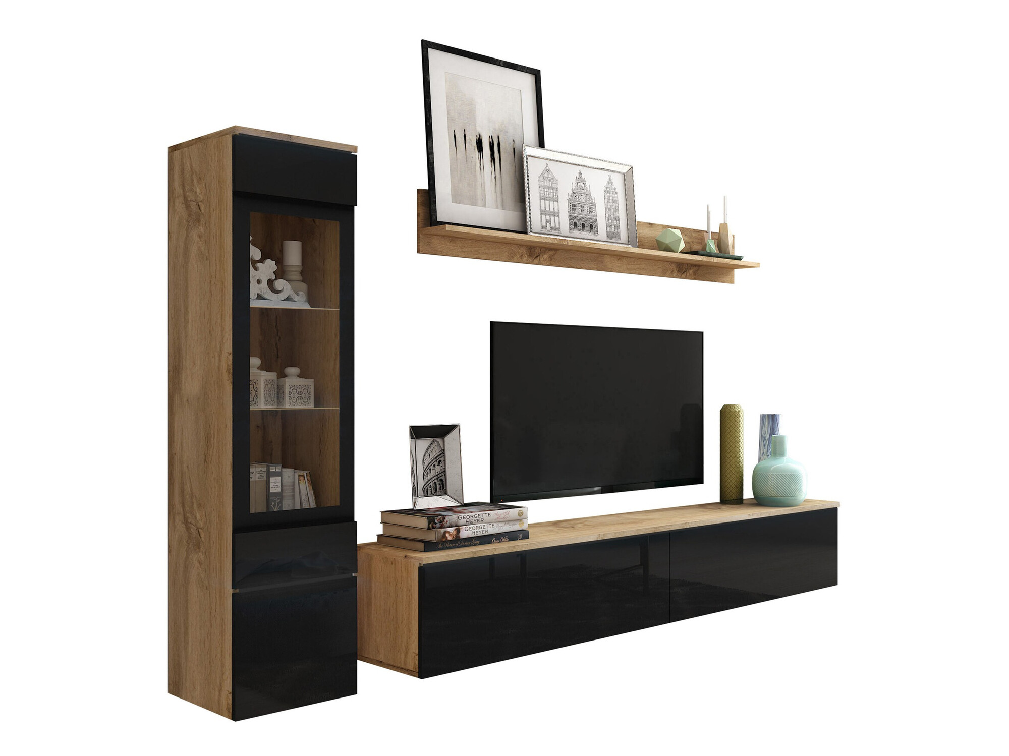 Conjunto de salón Mirfivo 100 (Roble wotan + Negro brillante)
