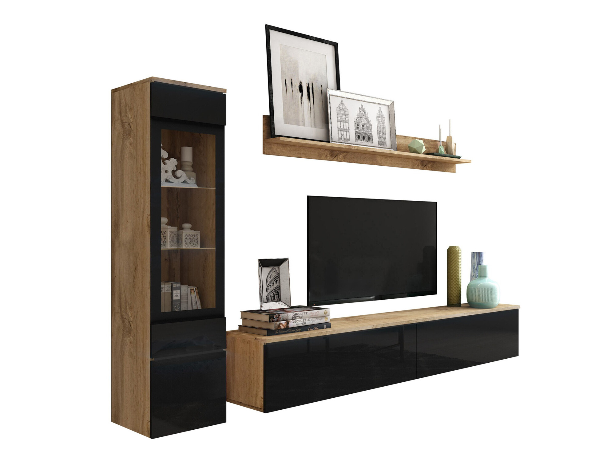 Conjunto de salón Mirfivo 100 (Roble wotan + Negro brillante)