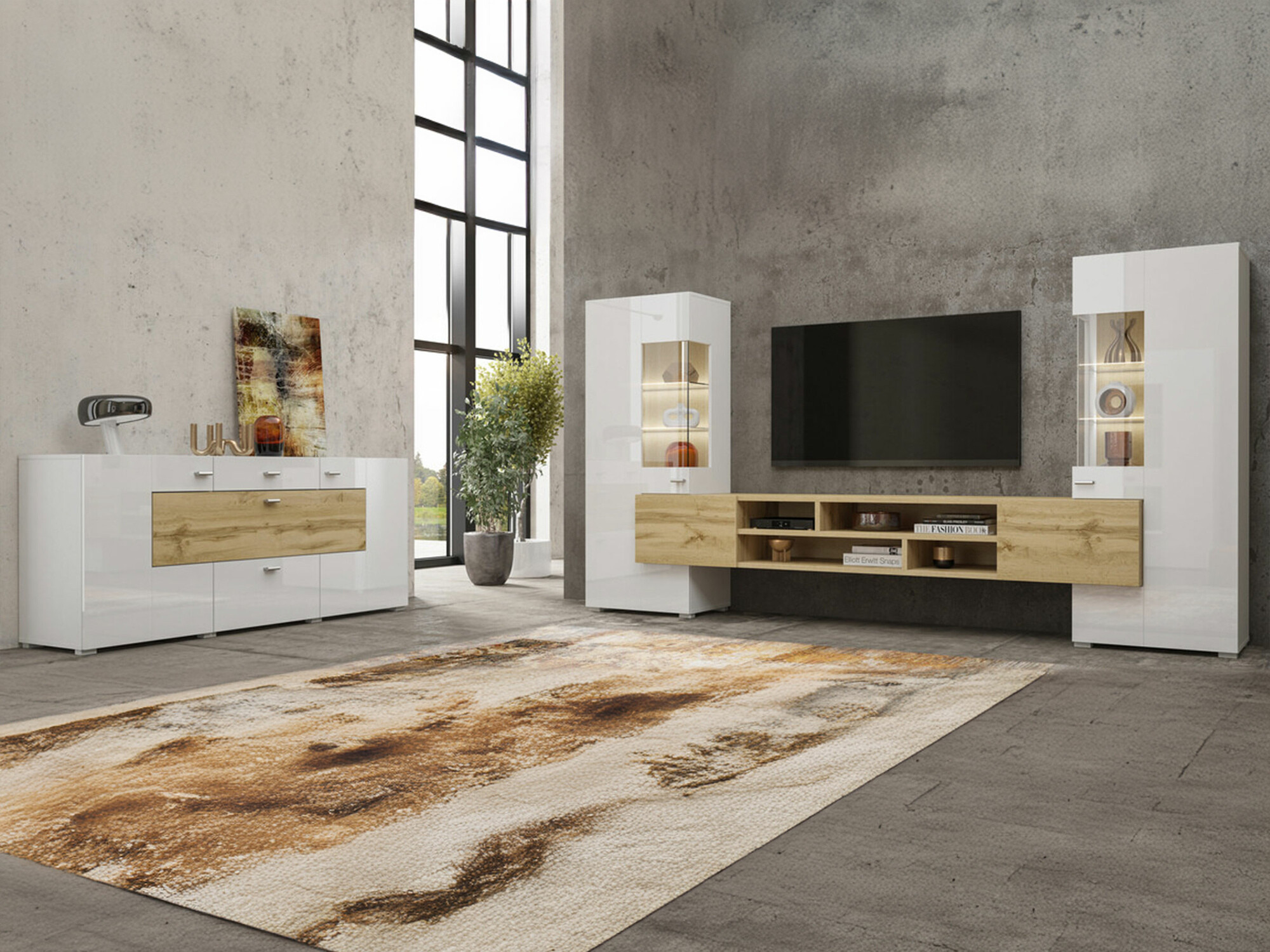 Conjunto de salón Mondalo 105 (Roble wotan + Blanco brillante)