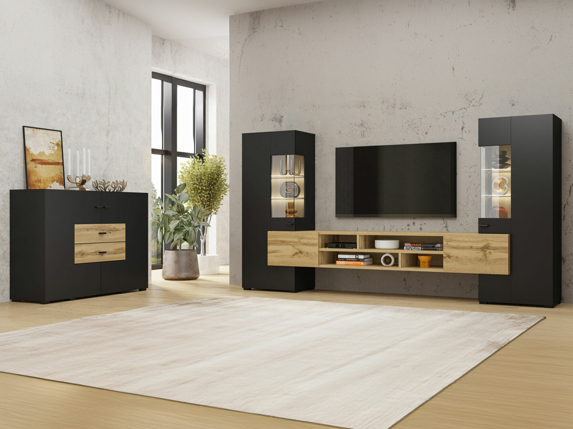 Conjunto de salón Mondalo 105 (Roble wotan + Negro mate)