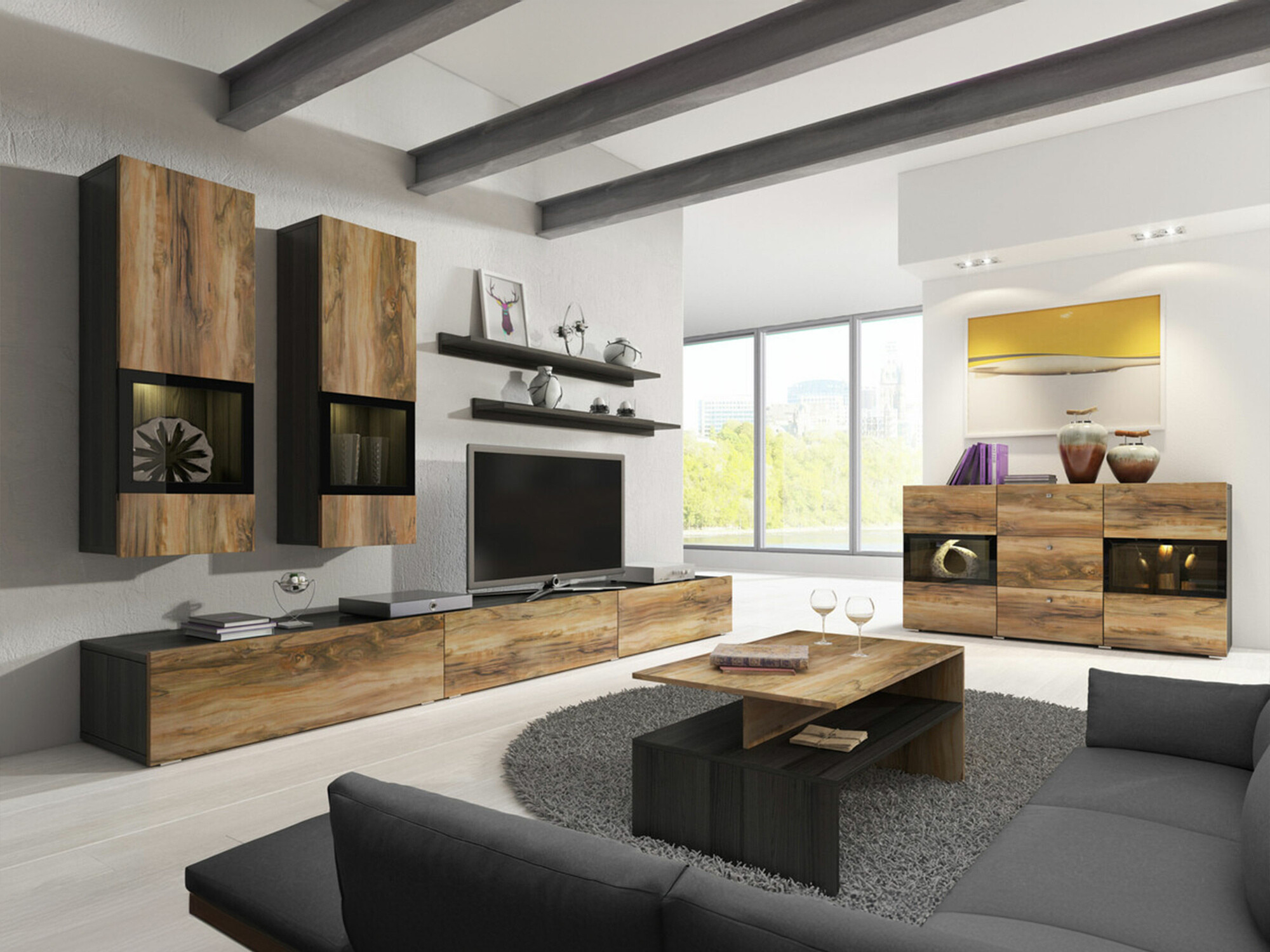 Conjunto de salón Serodeu 104 (Nogal + Marrón oscuro)