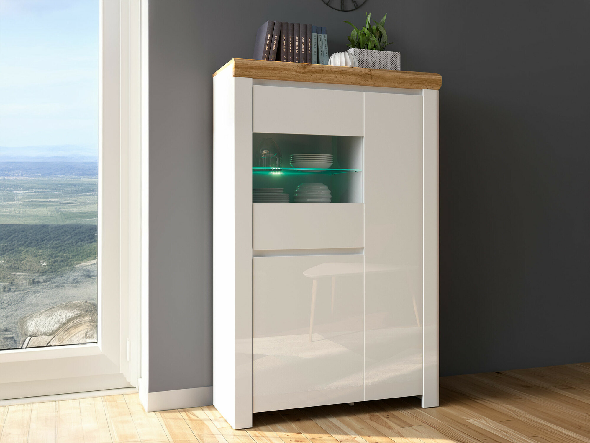 Estantería Sonsoru 105 (Blanco + Blanco brillante + Roble wotan)