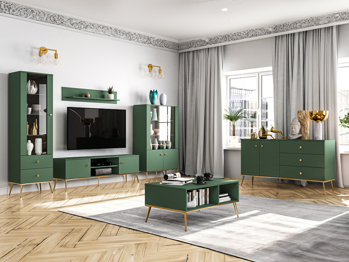 Conjunto de salón Flonovu 109 (Verde oscuro + Dorado)