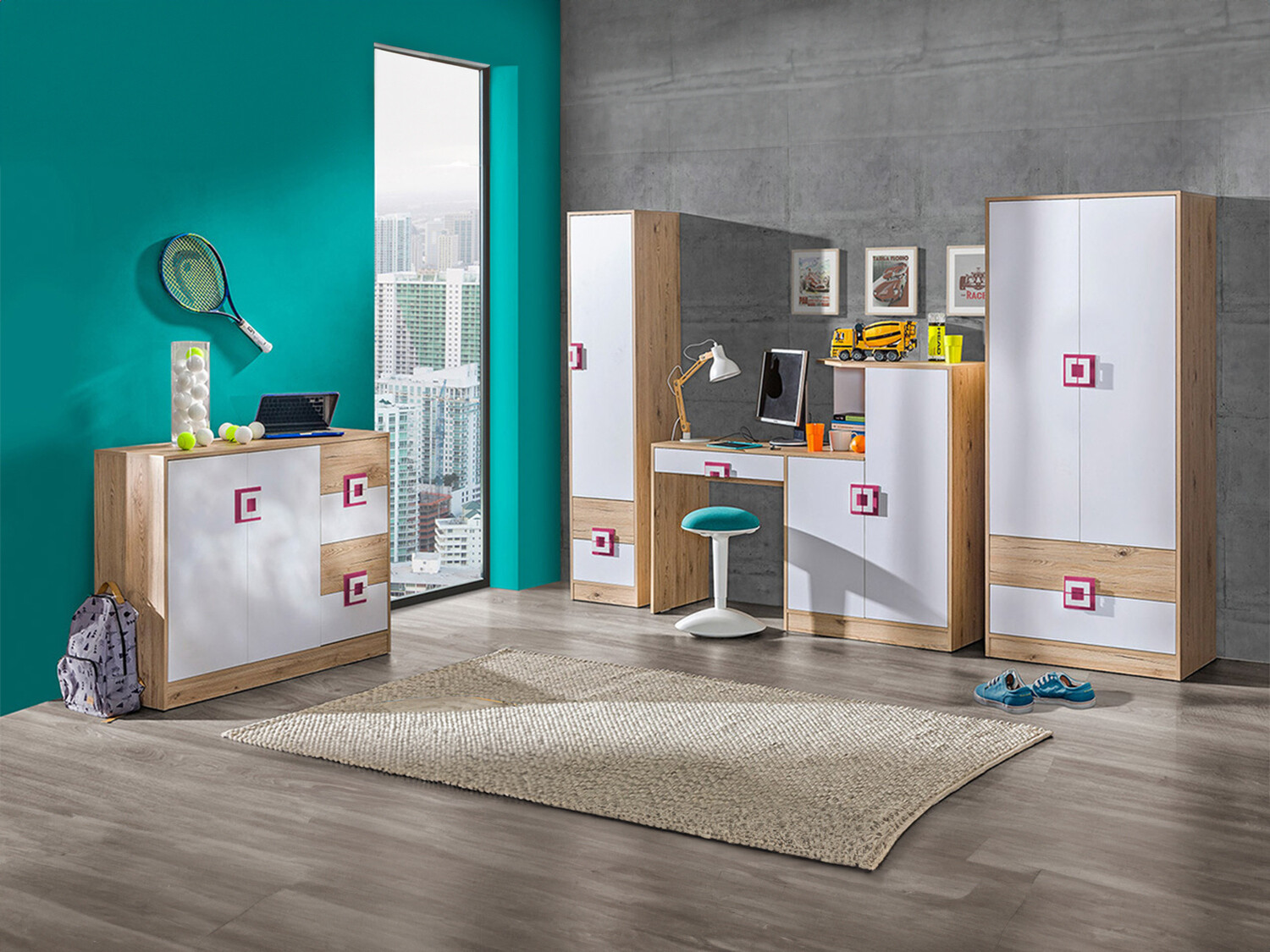 Conjunto de dormitorio infantil Balvire 114 (Roble claro + Blanco + Rosa)