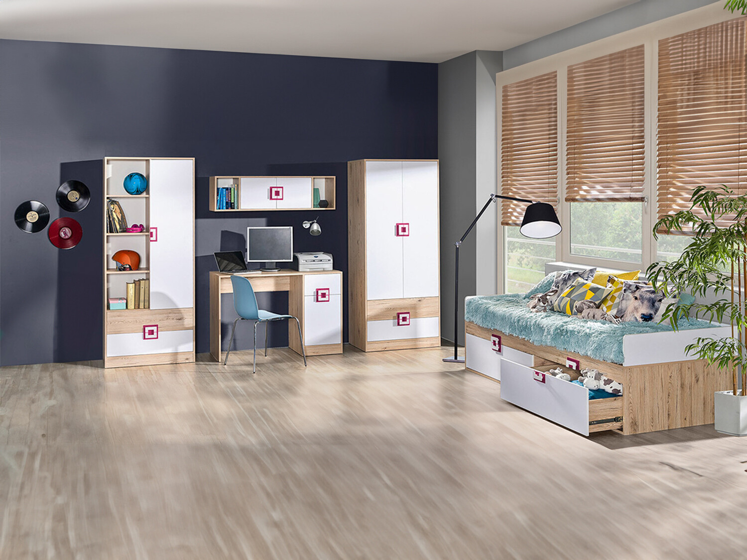 Conjunto de dormitorio infantil Balvire 116 (Roble claro + Blanco + Rosa)