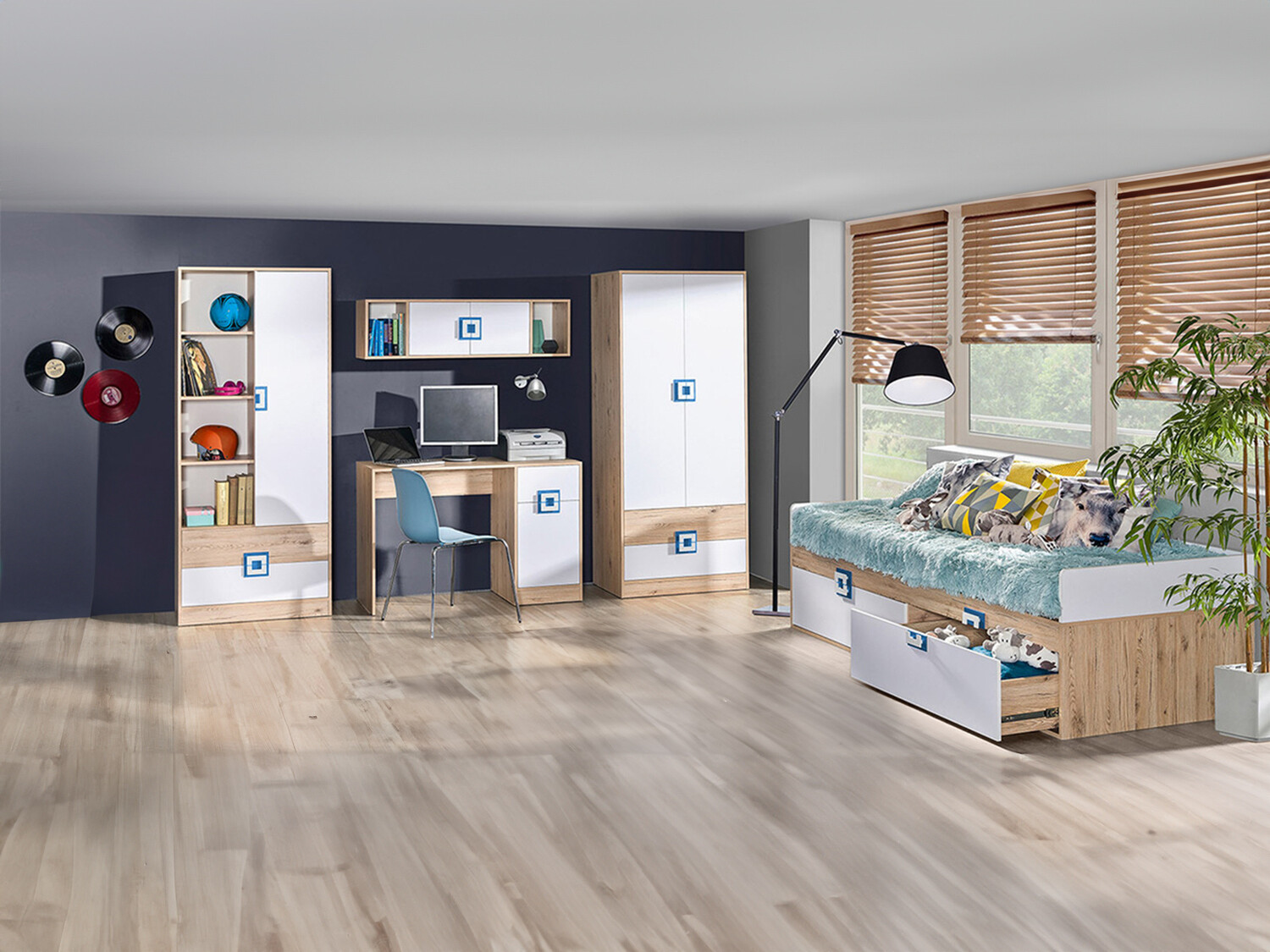 Conjunto de dormitorio infantil Balvire 116 (Roble claro + Blanco + Turquesa)