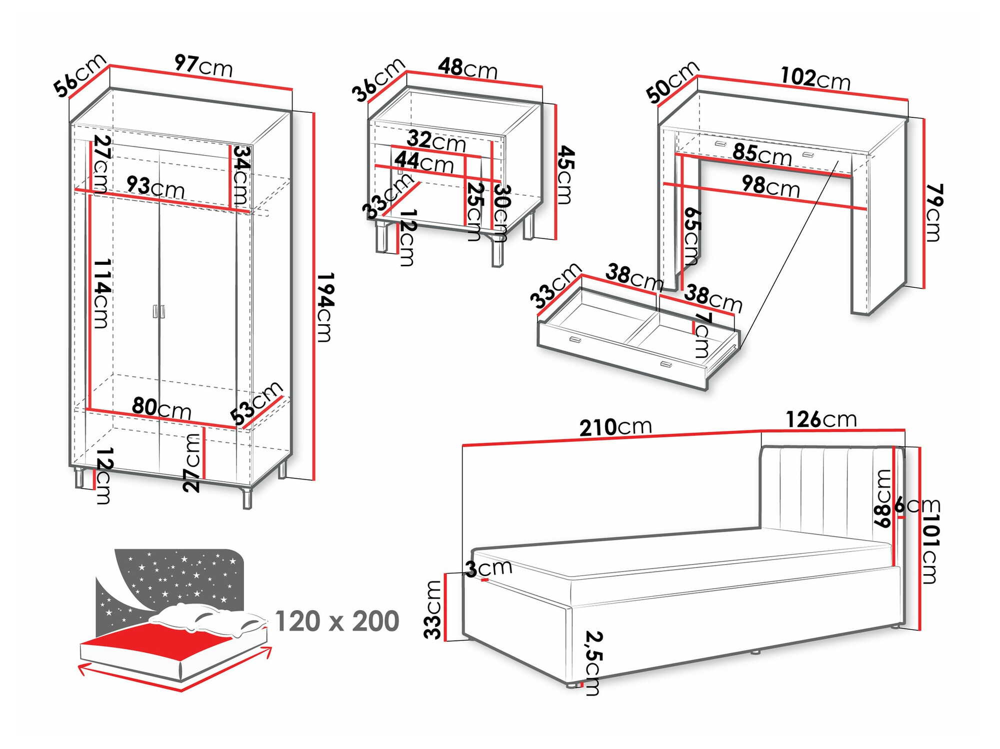 Conjunto de dormitorio Mormavu 112 (Cachemira + Gris)