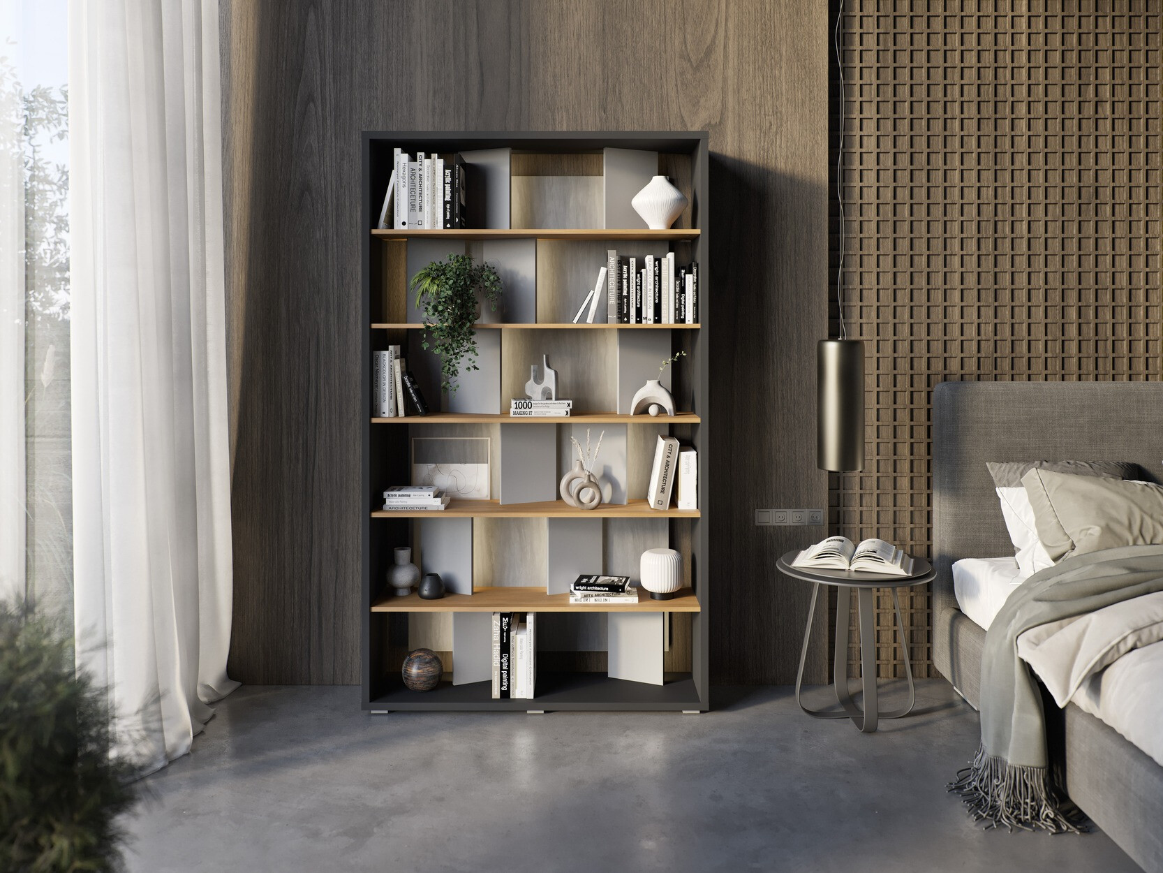 Estantería Fresno 154 (Gris brillante + Grafito + Roble)