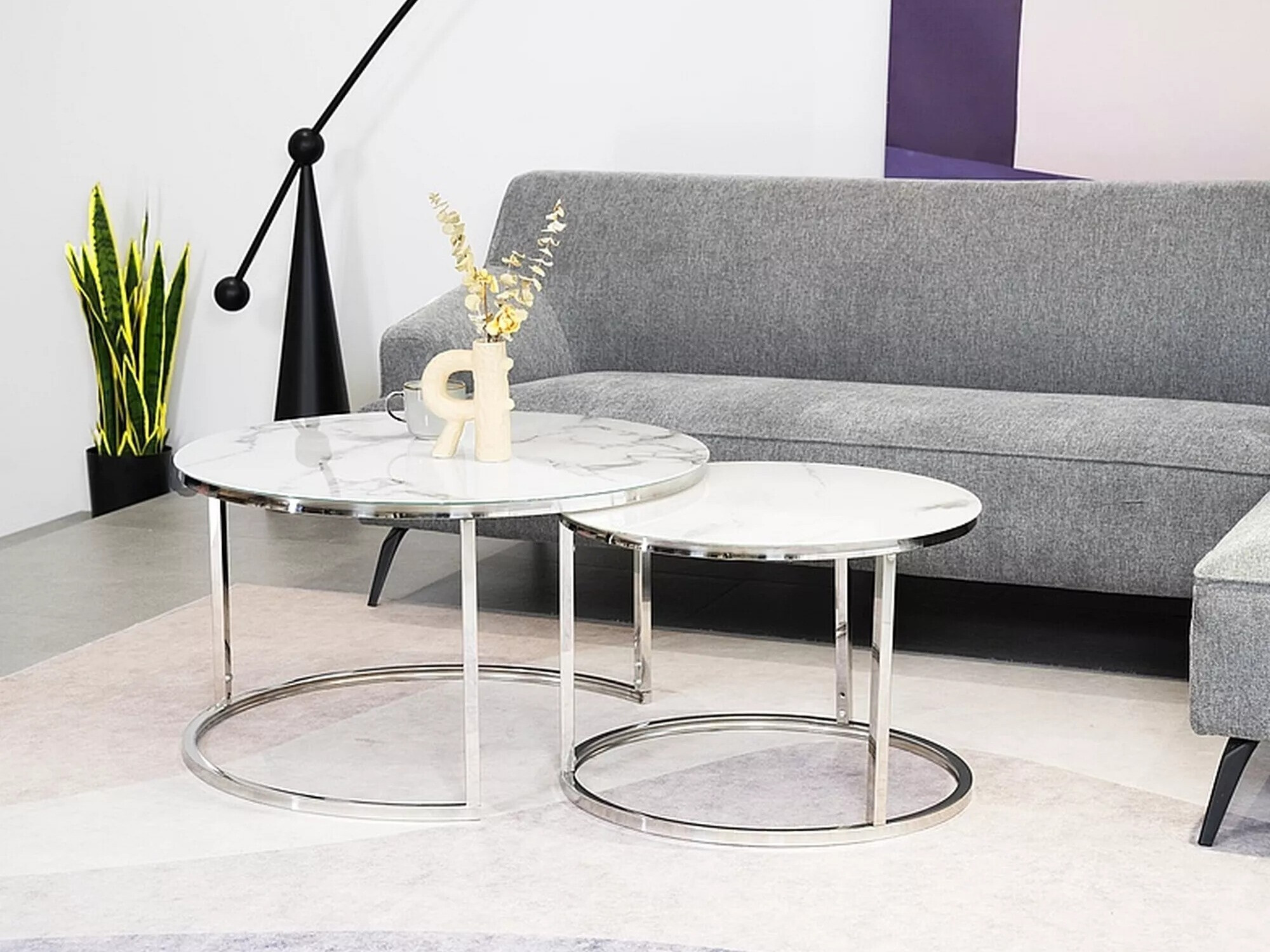 Conjunto mesa de centro Detroit 494 (Plata + Mármol blanco)