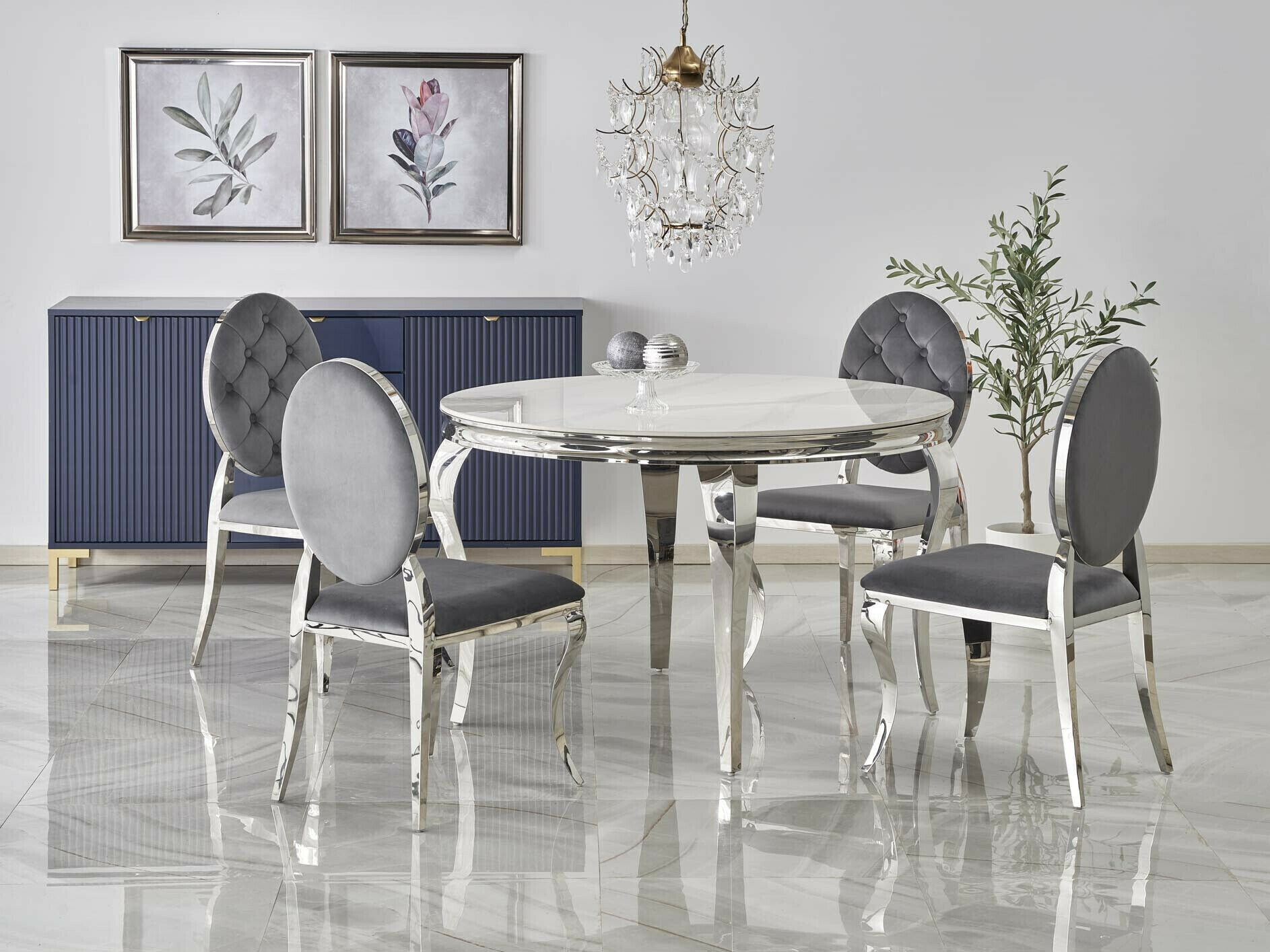 Conjunto de mesas y sillas para comedor Houston 1828 (Mármol blanco + Gris)