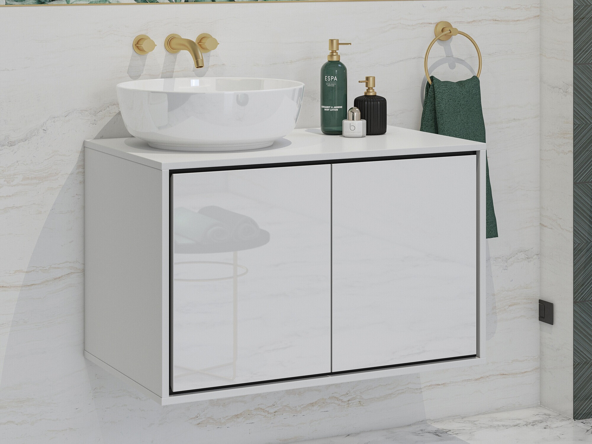 Armario de baño colgante para lavabo Tecavu 103 (Blanco brillante + Blanco)