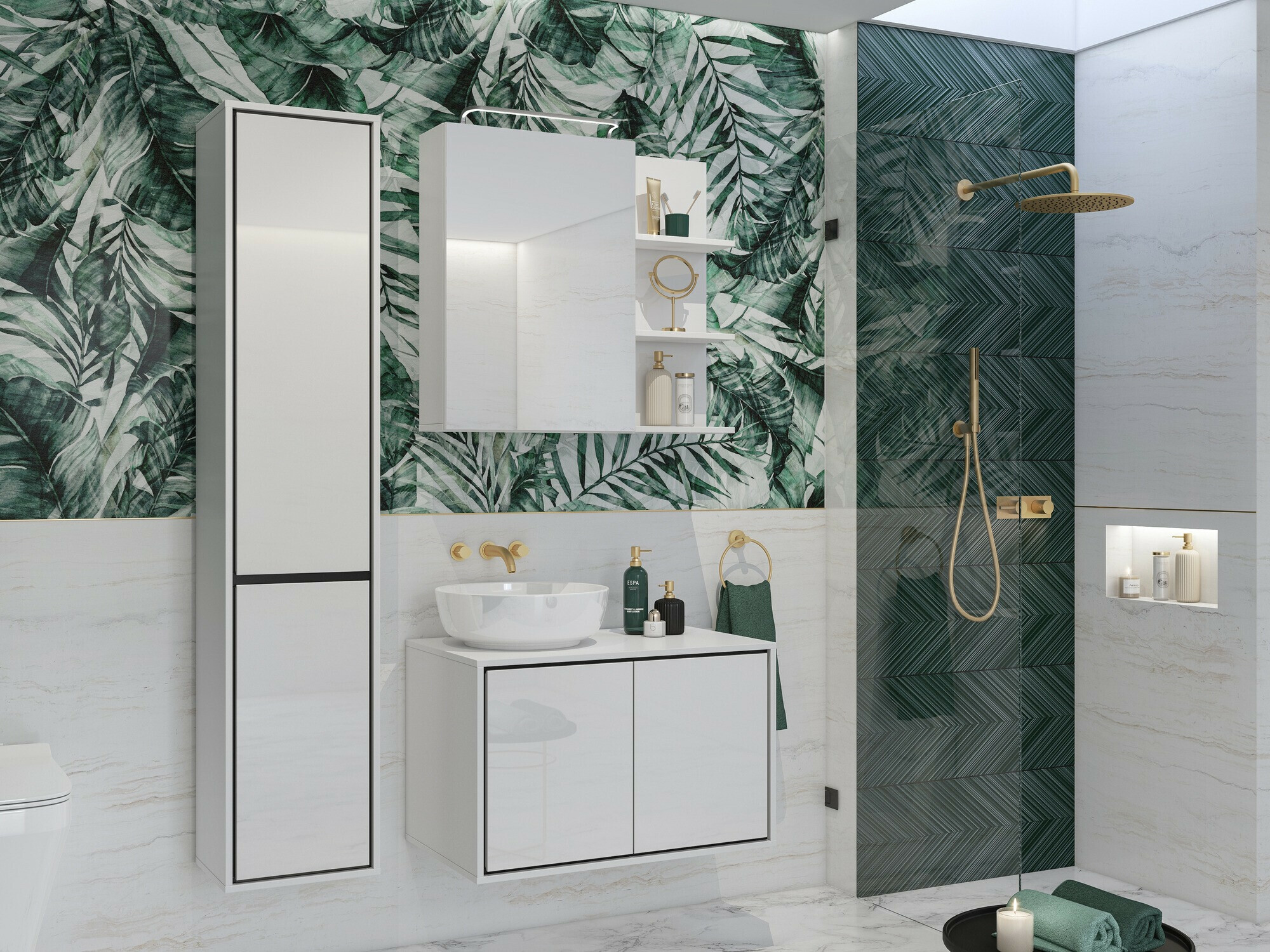 Armario de pie para baño Tecavu 101 (Blanco brillante + Blanco)