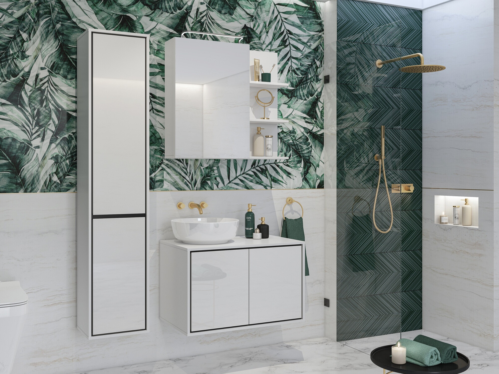 Mueble para baño con espejo Tecavu 102 (Blanco brillante + Blanco)