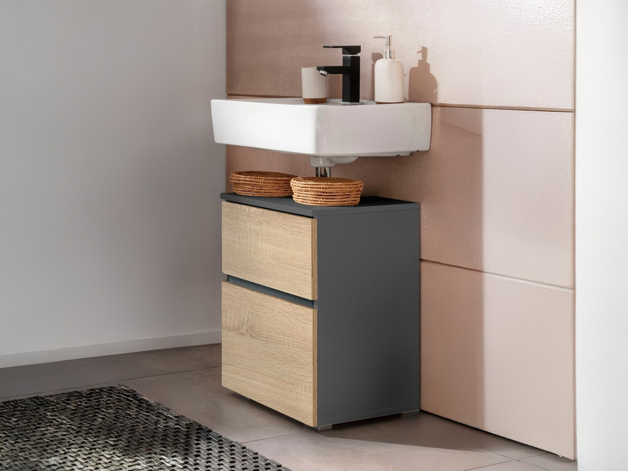 Armario de baño de pie para lavabo Soncamu 103 (Antracita + Roble)