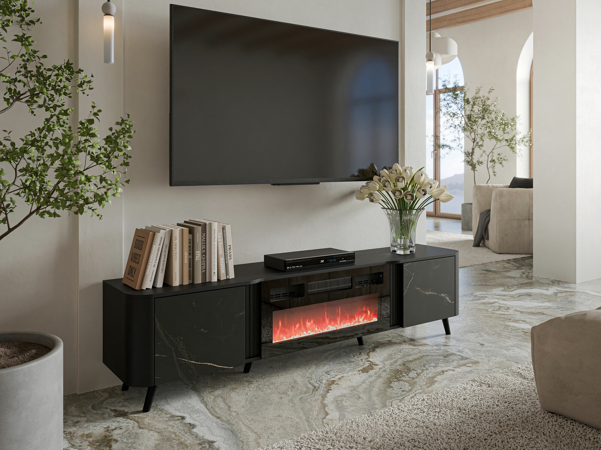Mueble TV Charlotte 203 (Negro + Mármol negro)