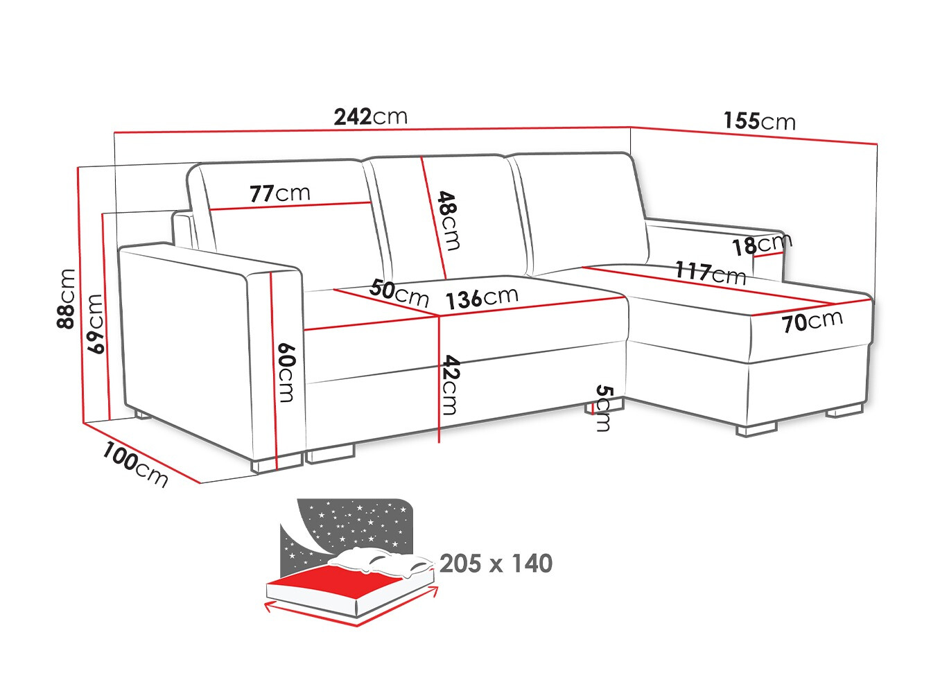 Sofá rinconero Columbus 187 (Neve 77)