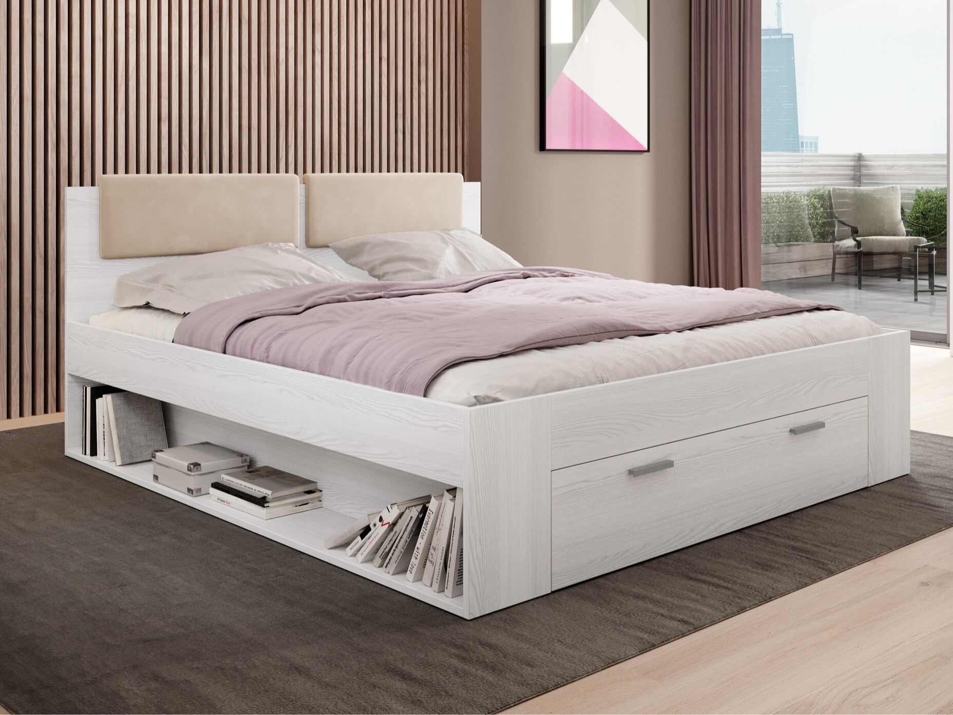 Cama Levruvu 106 (Fresno blanqueado + Beige)