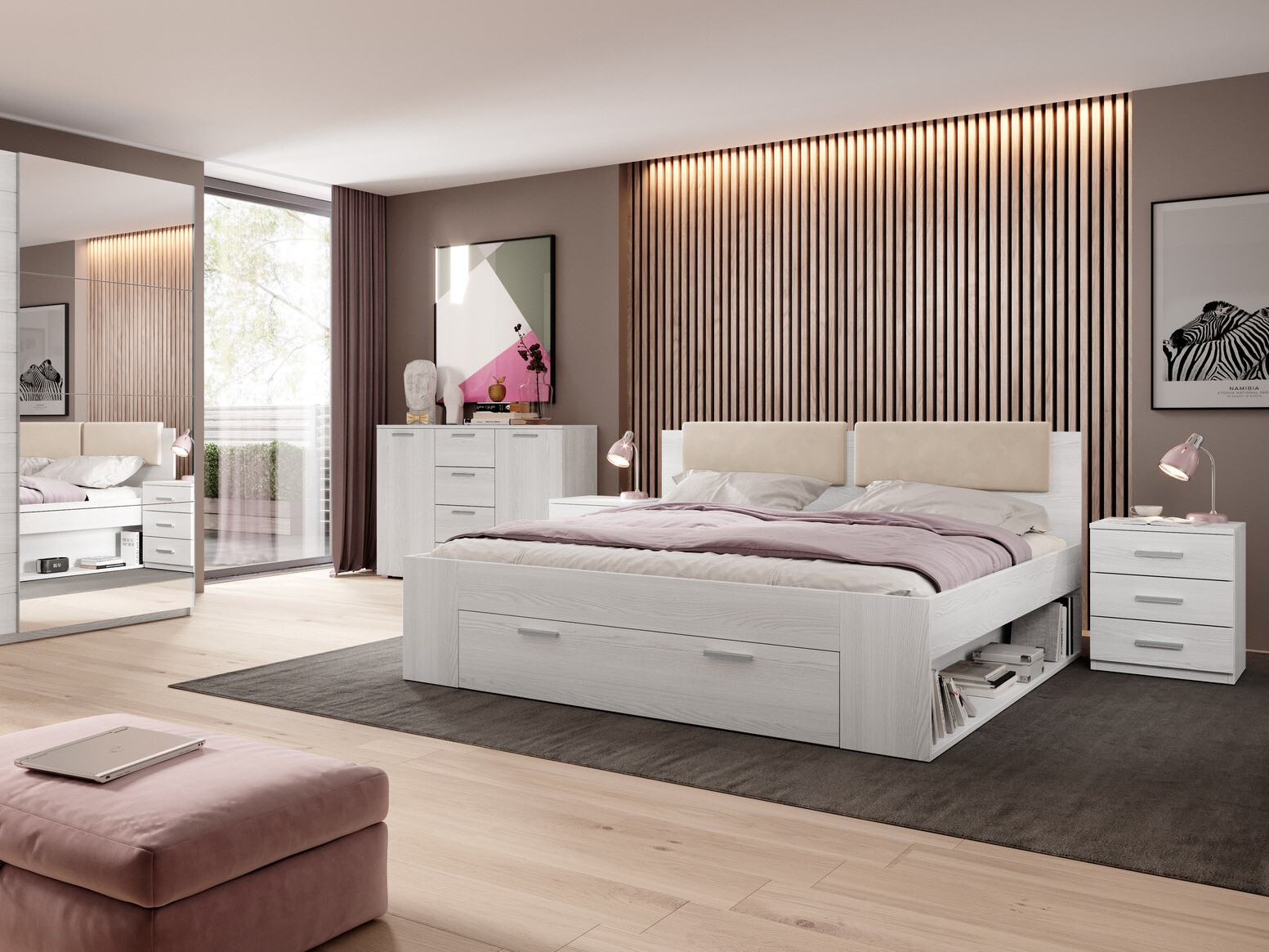 Cama Levruvu 106 (Fresno blanqueado + Beige)