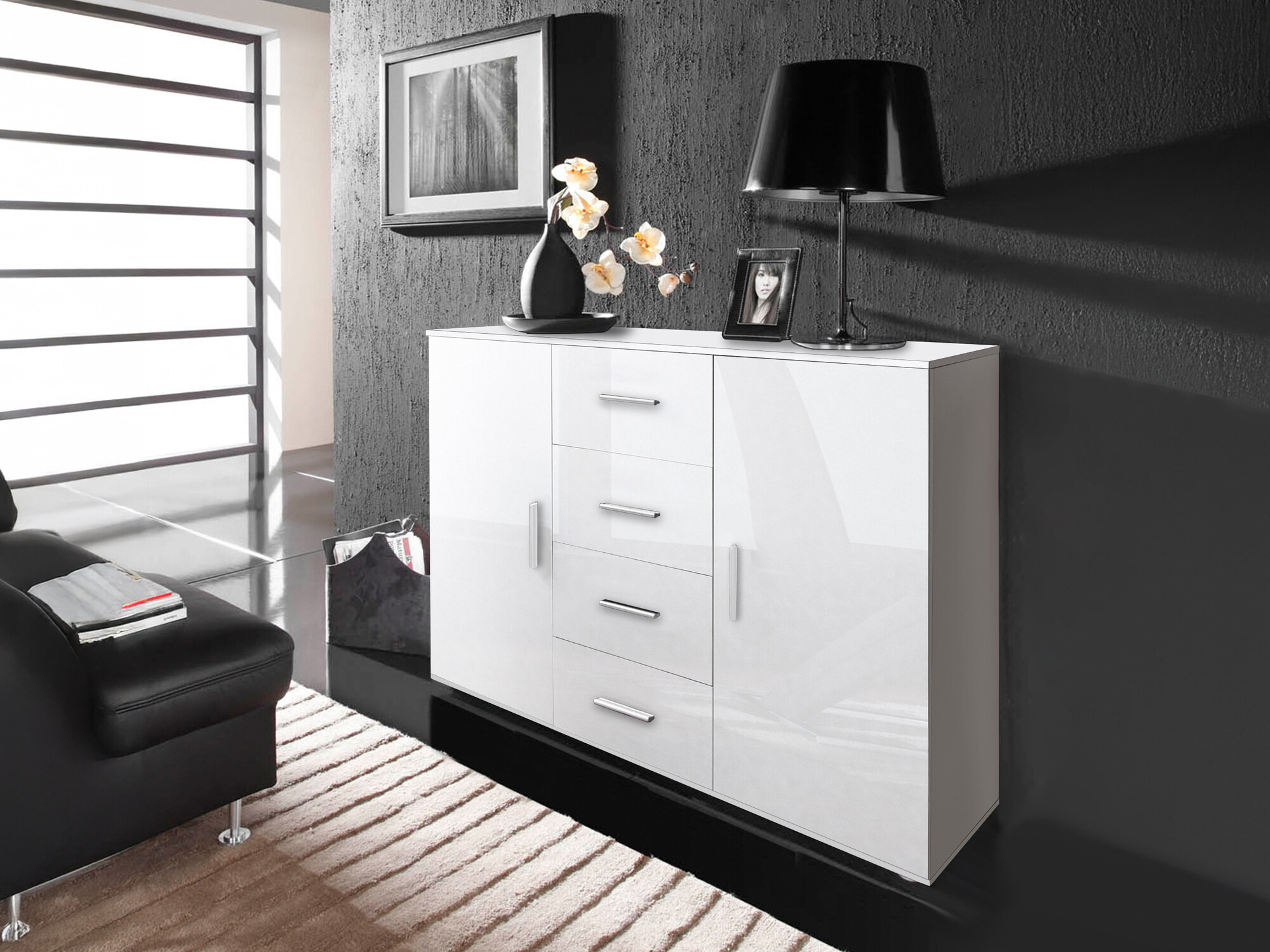 Cómoda Charlotte 118 (Blanco + Blanco brillante)