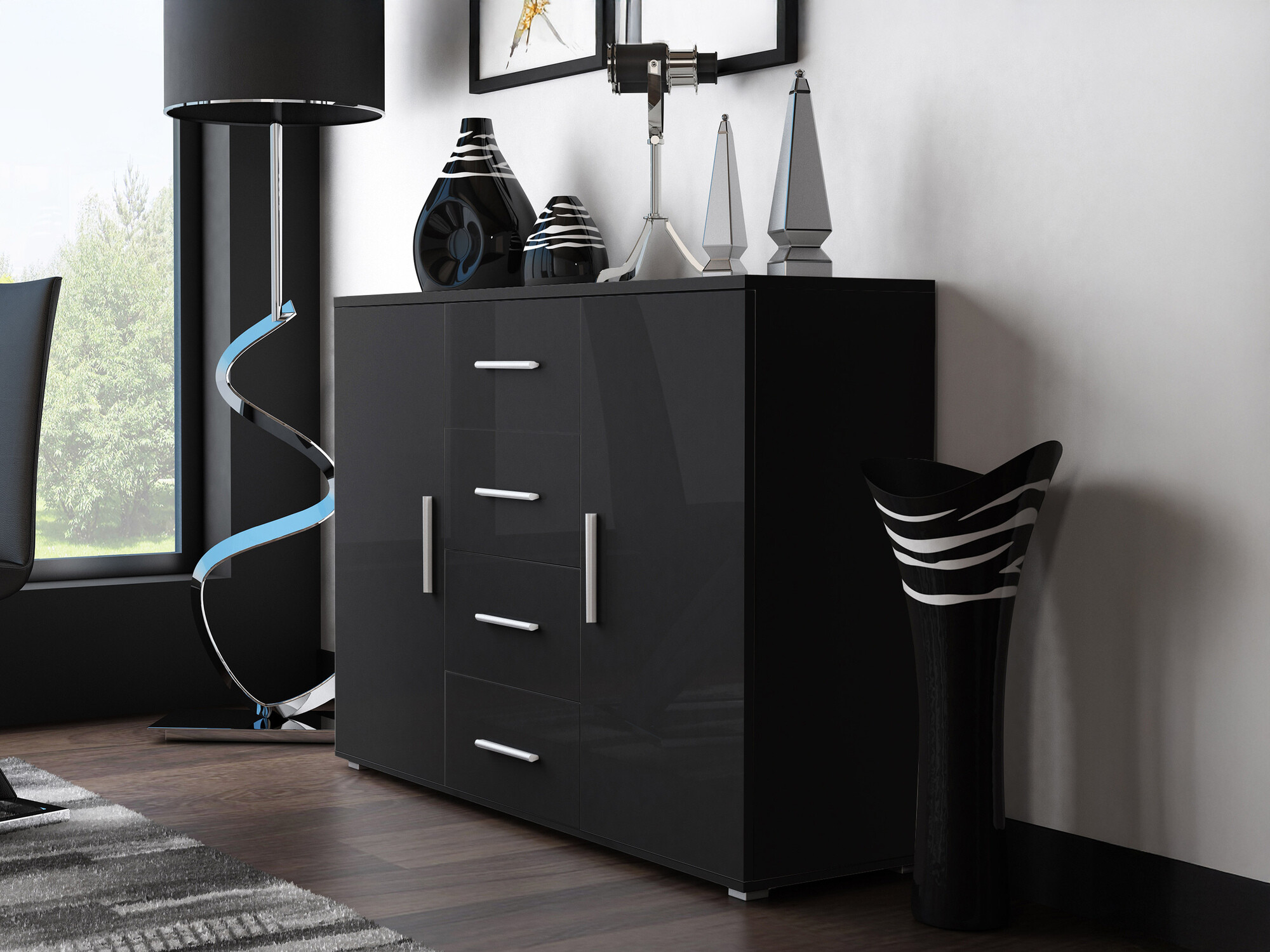 Cómoda Charlotte 118 (Negro + Negro brillante)