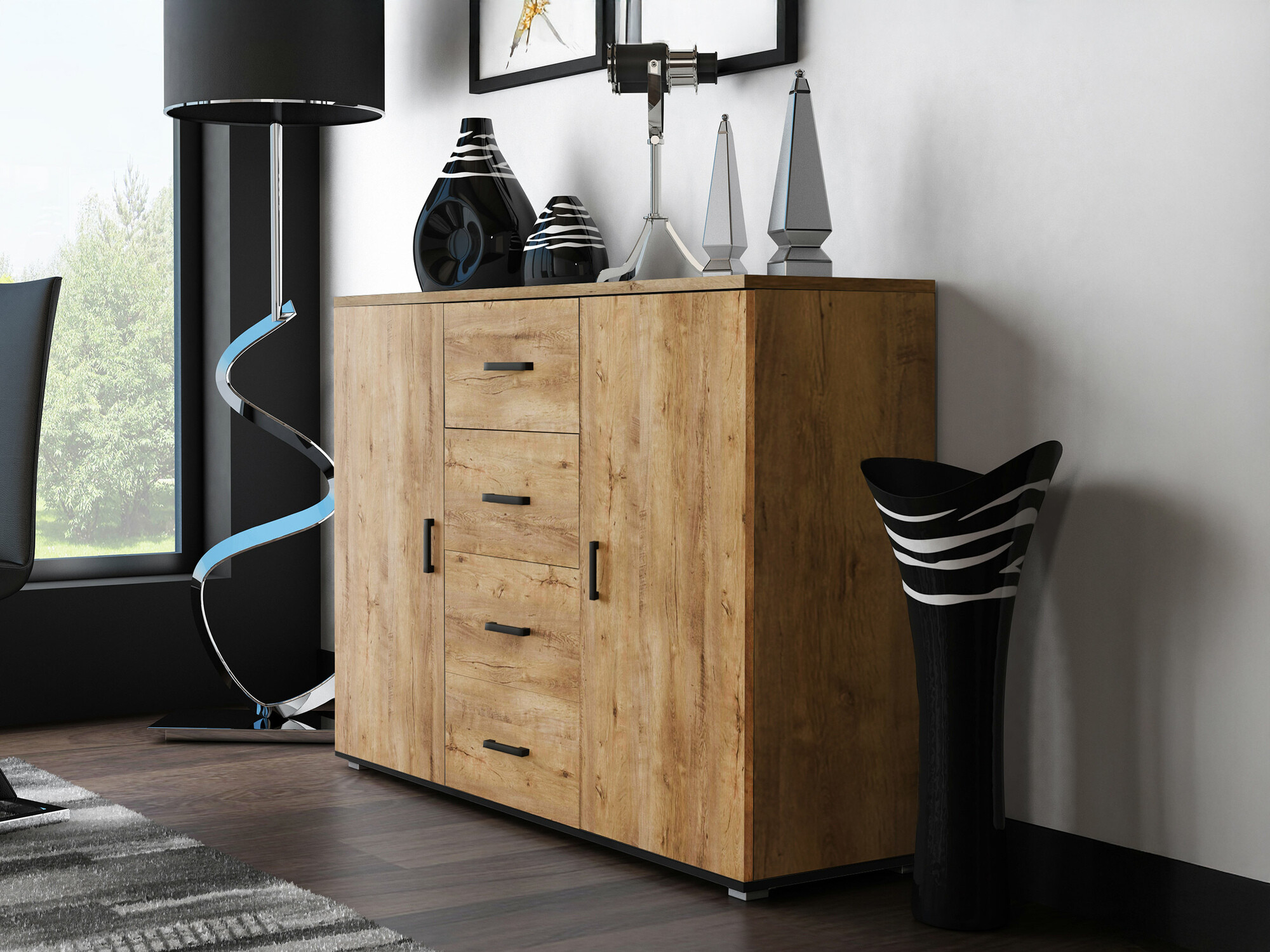 Cómoda Charlotte 118 (Roble de lefkada + Negro)