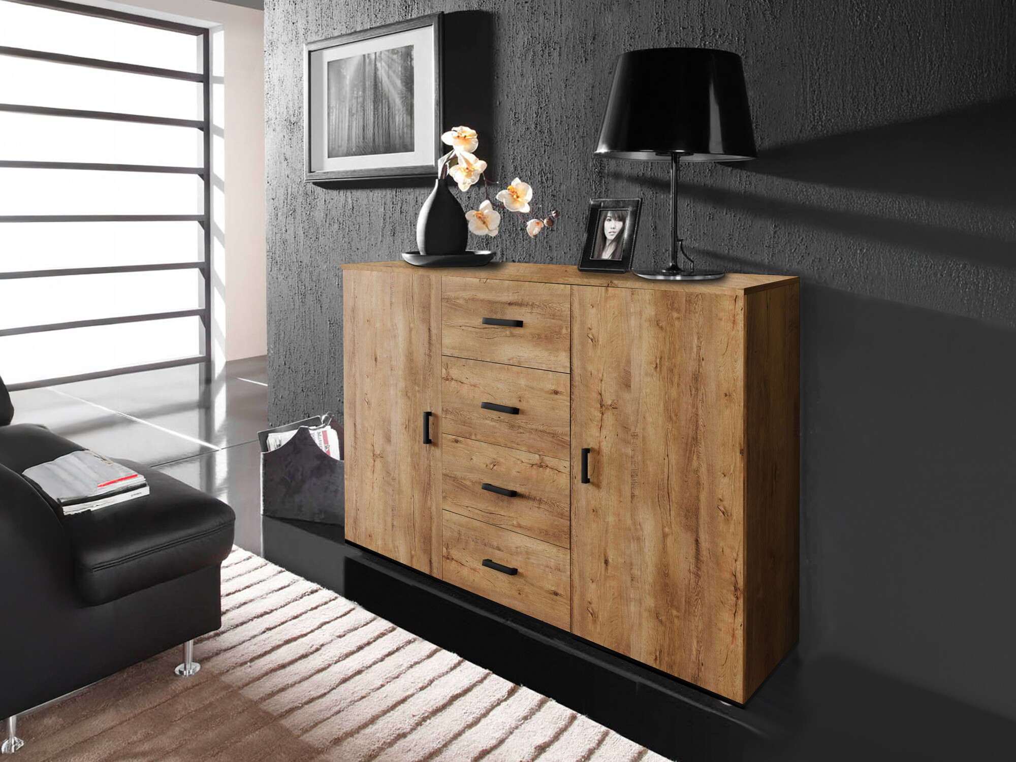 Cómoda Charlotte 118 (Roble de lefkada + Negro)