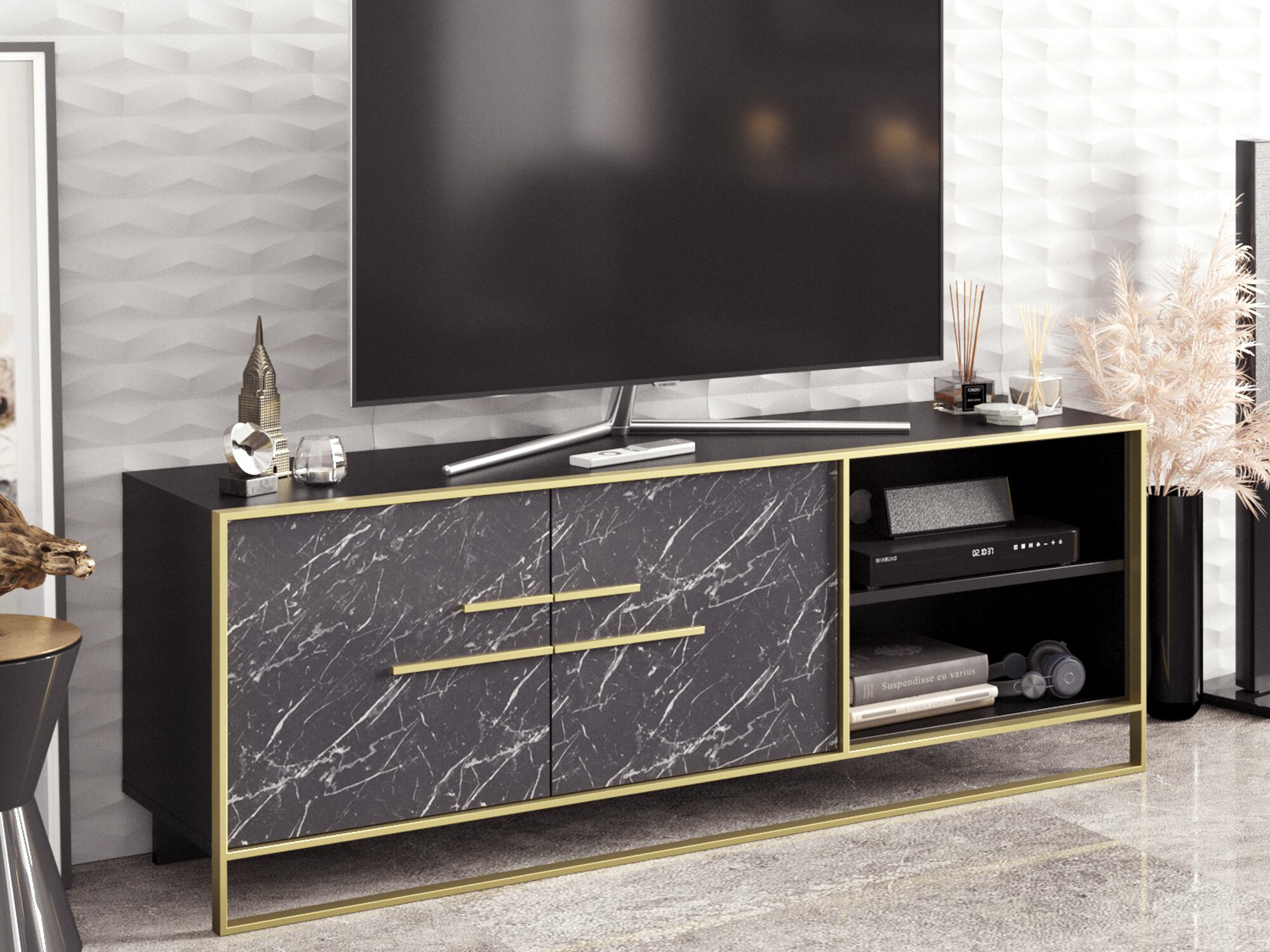 Mueble TV Kailua 1169 (Dorado + Mármol negro)