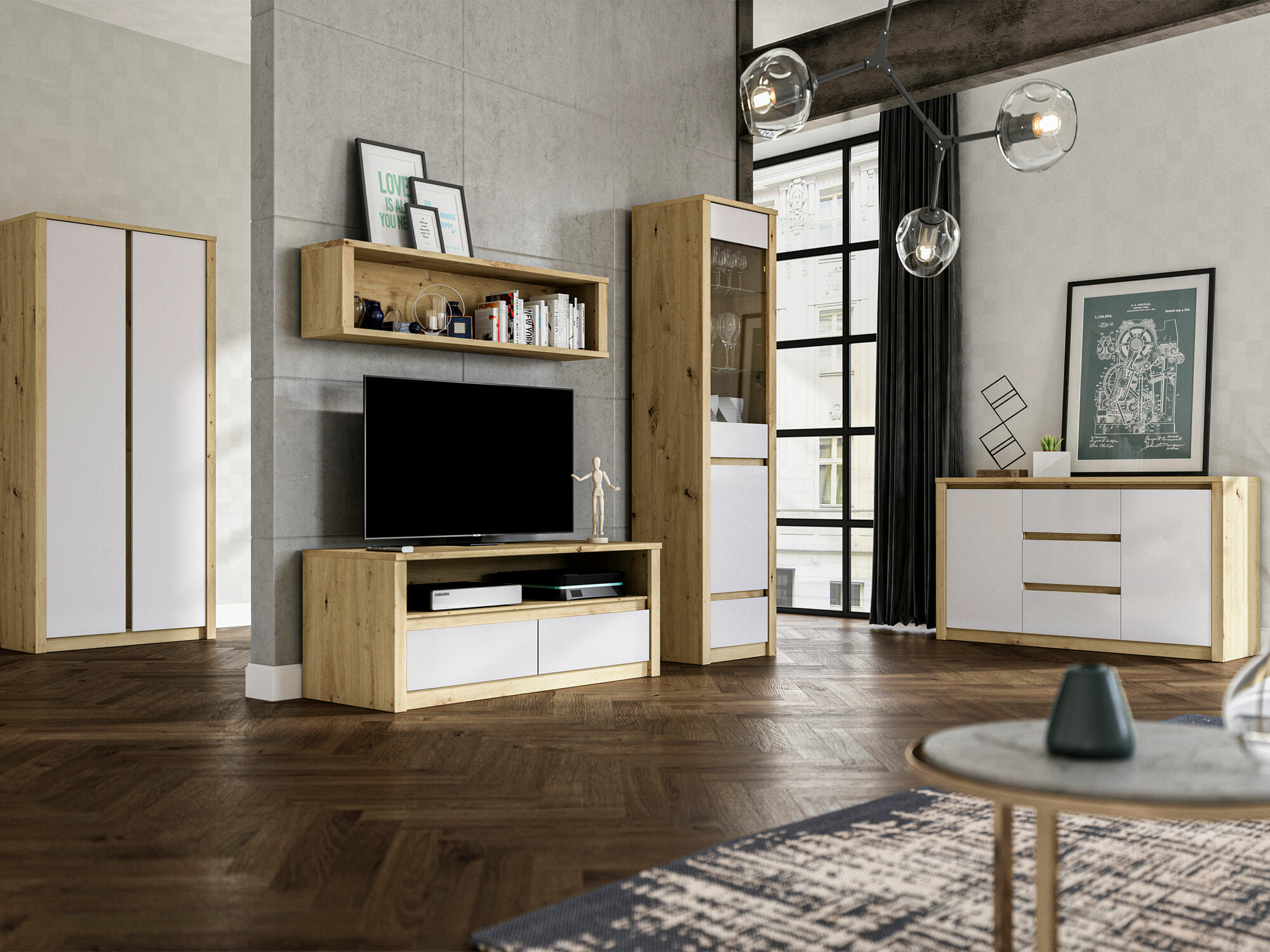 Conjunto de salón Deldale 115 (Roble Artisan + Blanco)