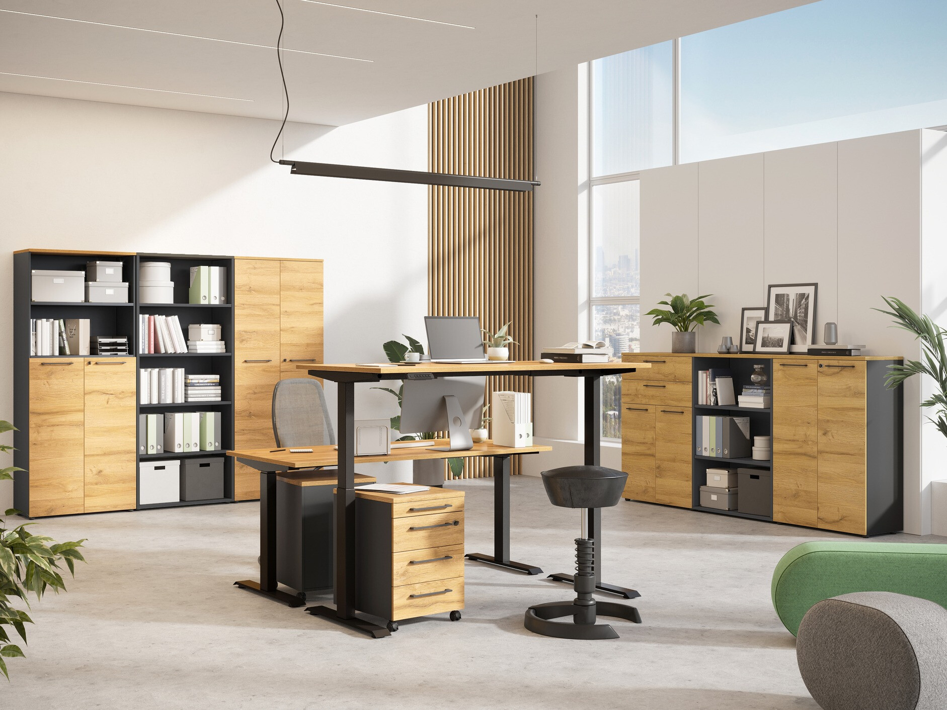 Escritorio de altura regulable Eliromo 117 (Roble nieto + Negro)