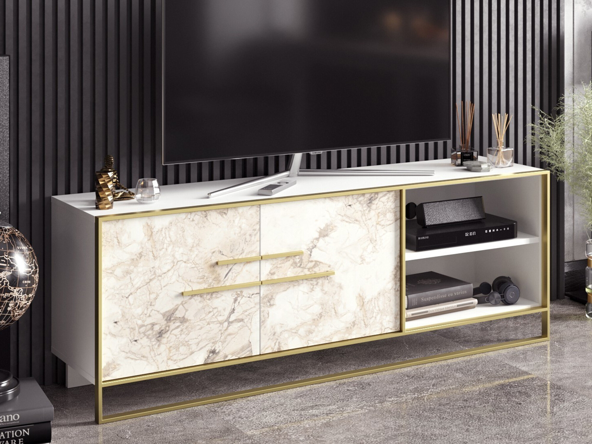 Mueble TV Kailua 1169 (Dorado + Mármol blanco)