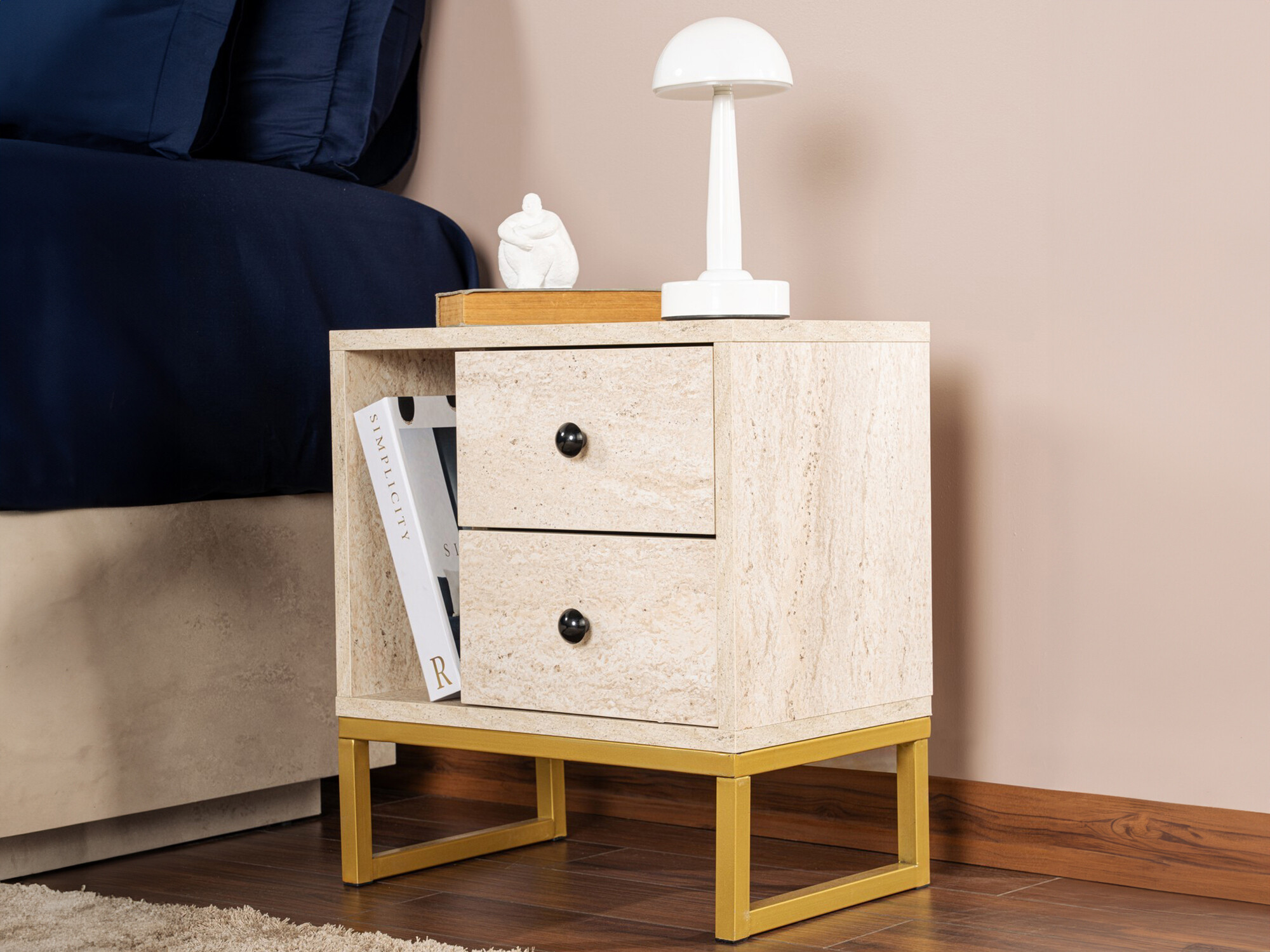 Mesilla de noche Novato 109 (Claro Travertine + Dorado)