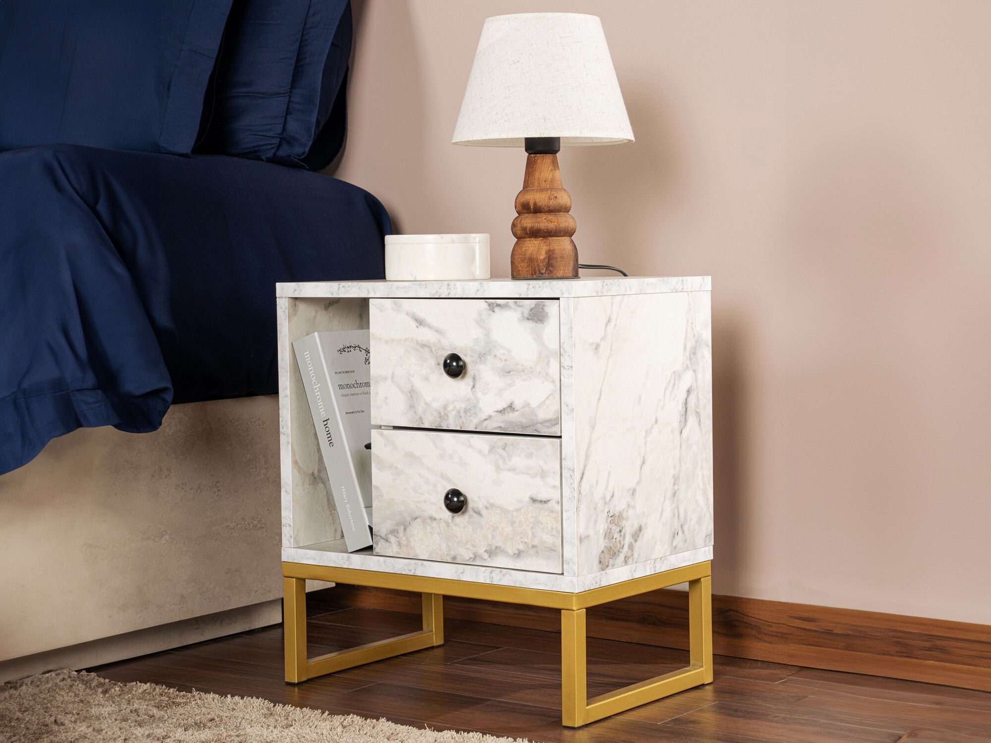 Mesilla de noche Novato 109 (Mármol blanco + Dorado)