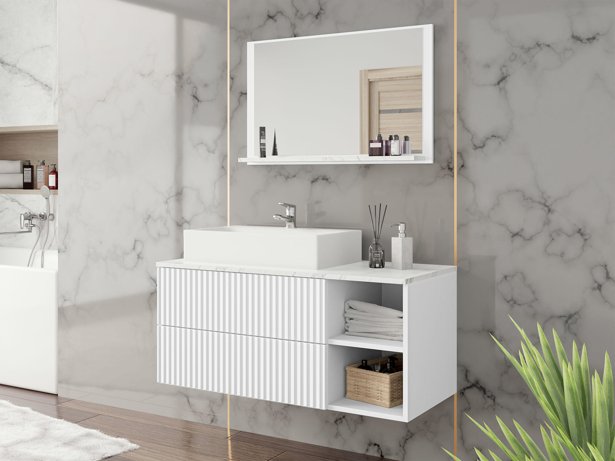Conjunto de mueble de baño Nauta (Blanco + Mármol blanco)