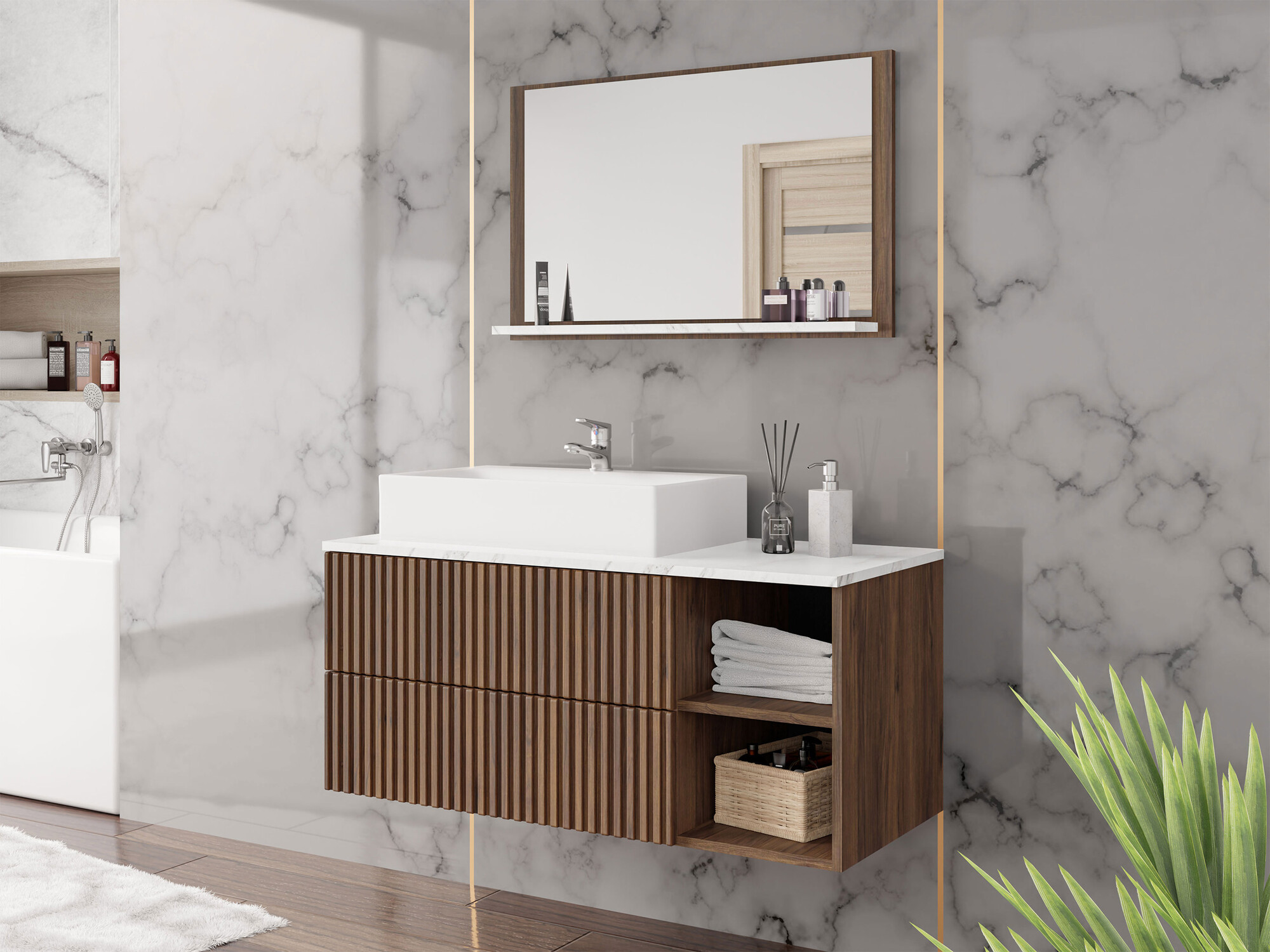 Conjunto de mueble de baño Nauta (Nogal + Mármol blanco)