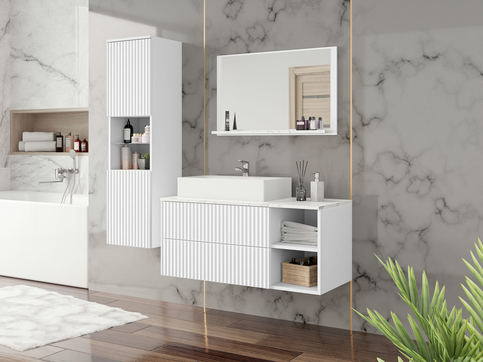 Conjunto de mueble de baño Nauta I (Blanco + Mármol blanco)