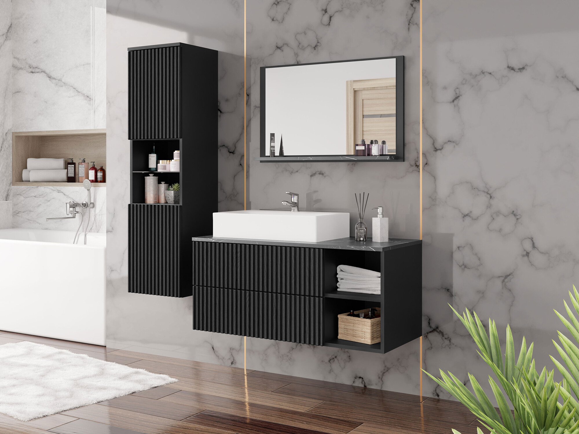 Conjunto de mueble de baño Nauta I (Negro + Mármol negro)