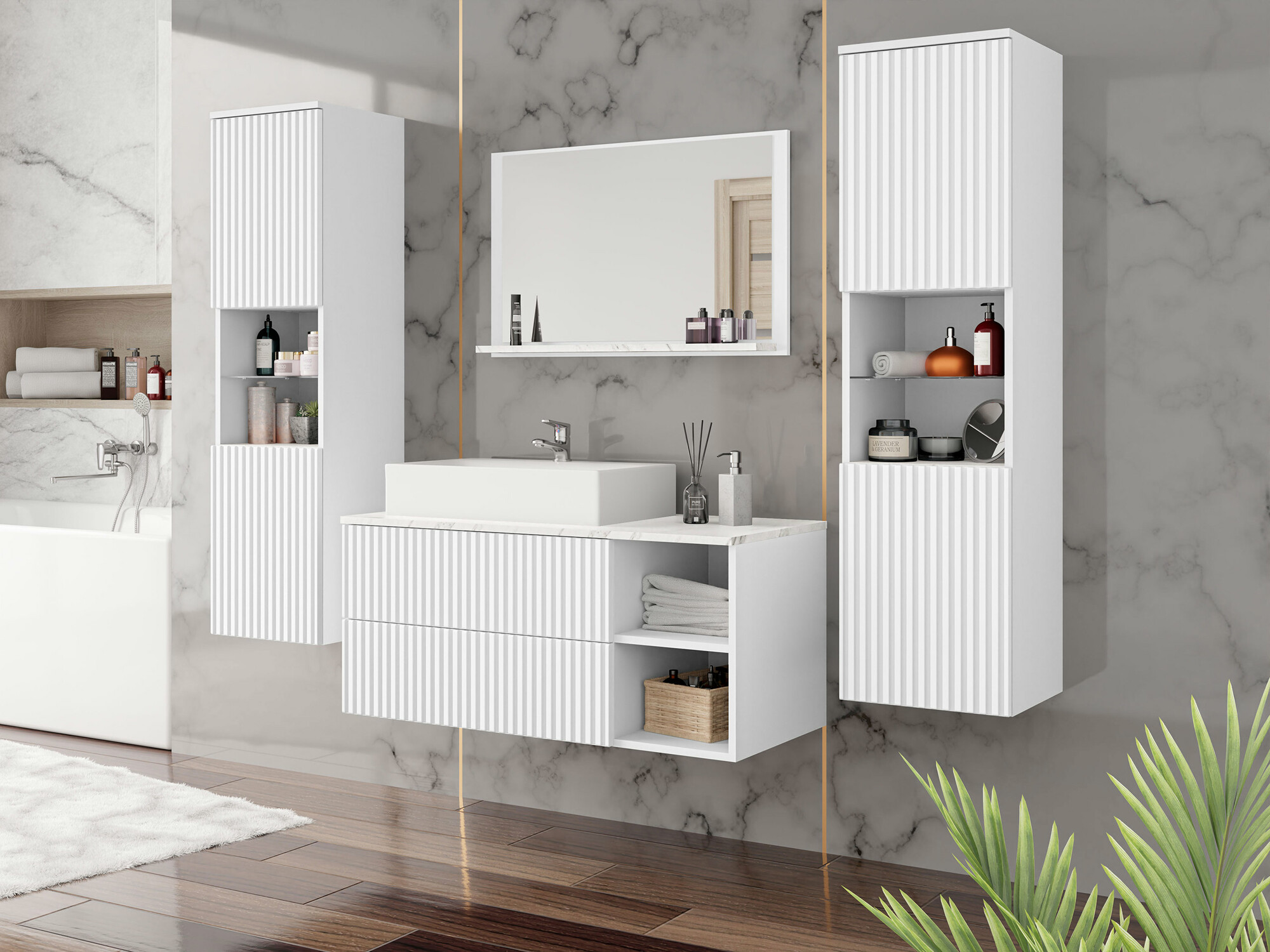 Conjunto de mueble de baño Nauta II (Blanco + Mármol blanco)
