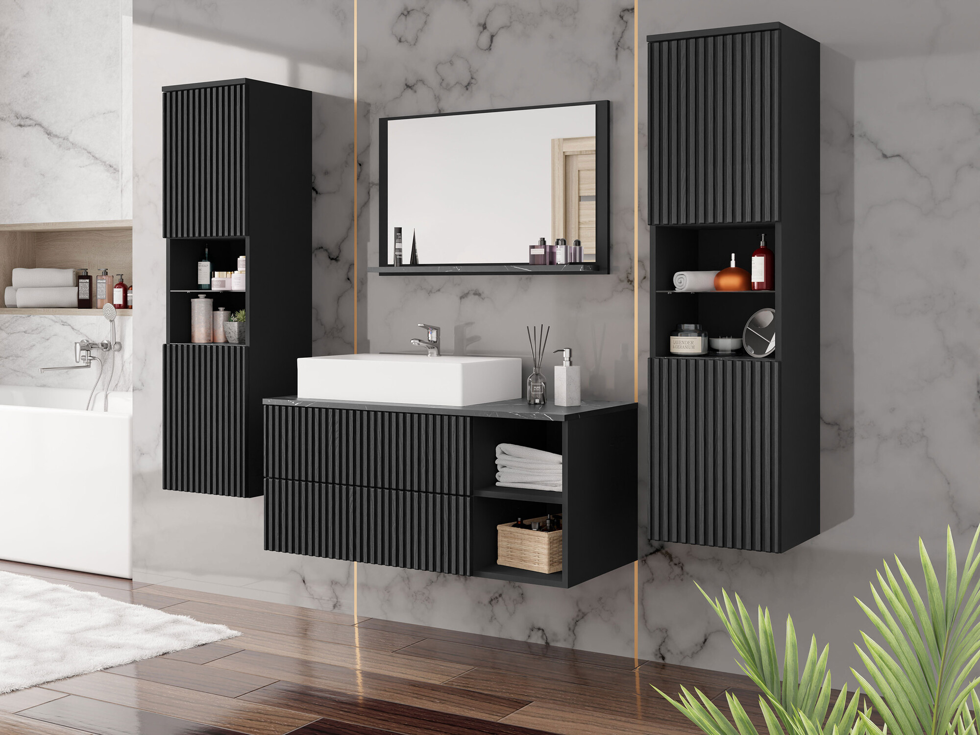Conjunto de mueble de baño Nauta II (Negro + Mármol negro)