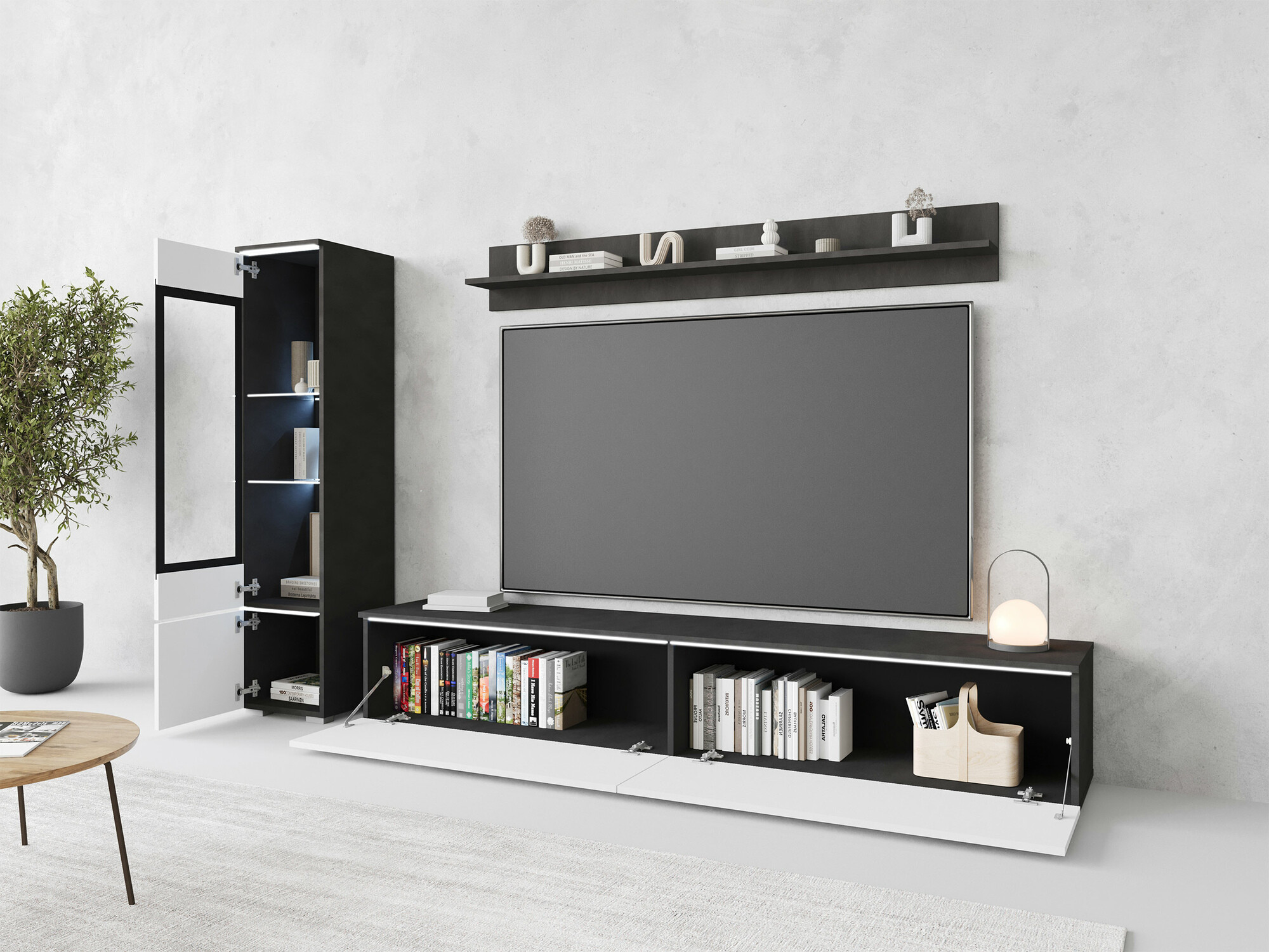 Conjunto de salón Sarasota 125 (Madera gris + Blanco brillante)