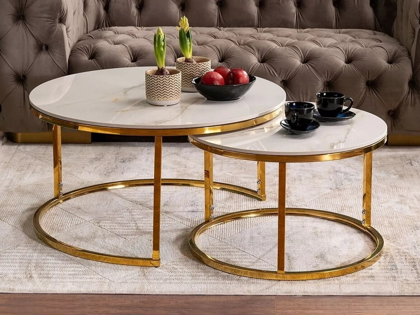Conjunto mesa de centro Detroit 676 (Dorado + Mármol blanco)