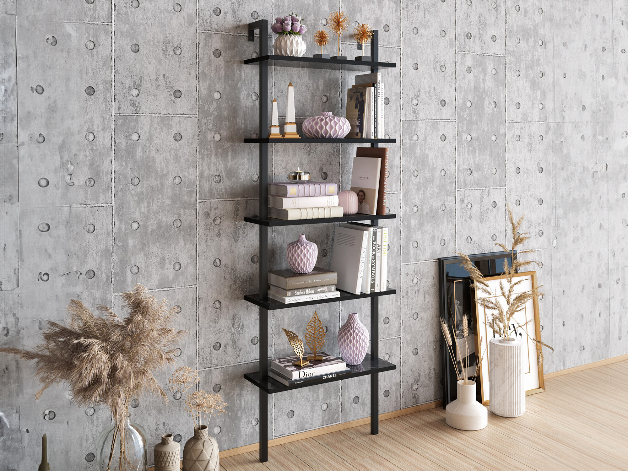 Estantería Kailua 1027 (Negro + Mármol negro)