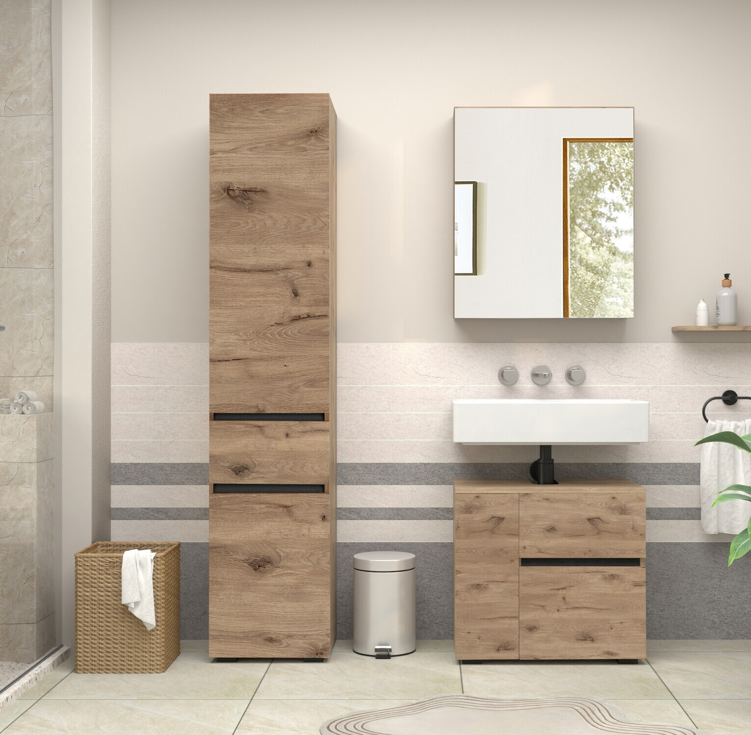 Armario de baño de pie para lavabo Soncamu 108 (Roble)