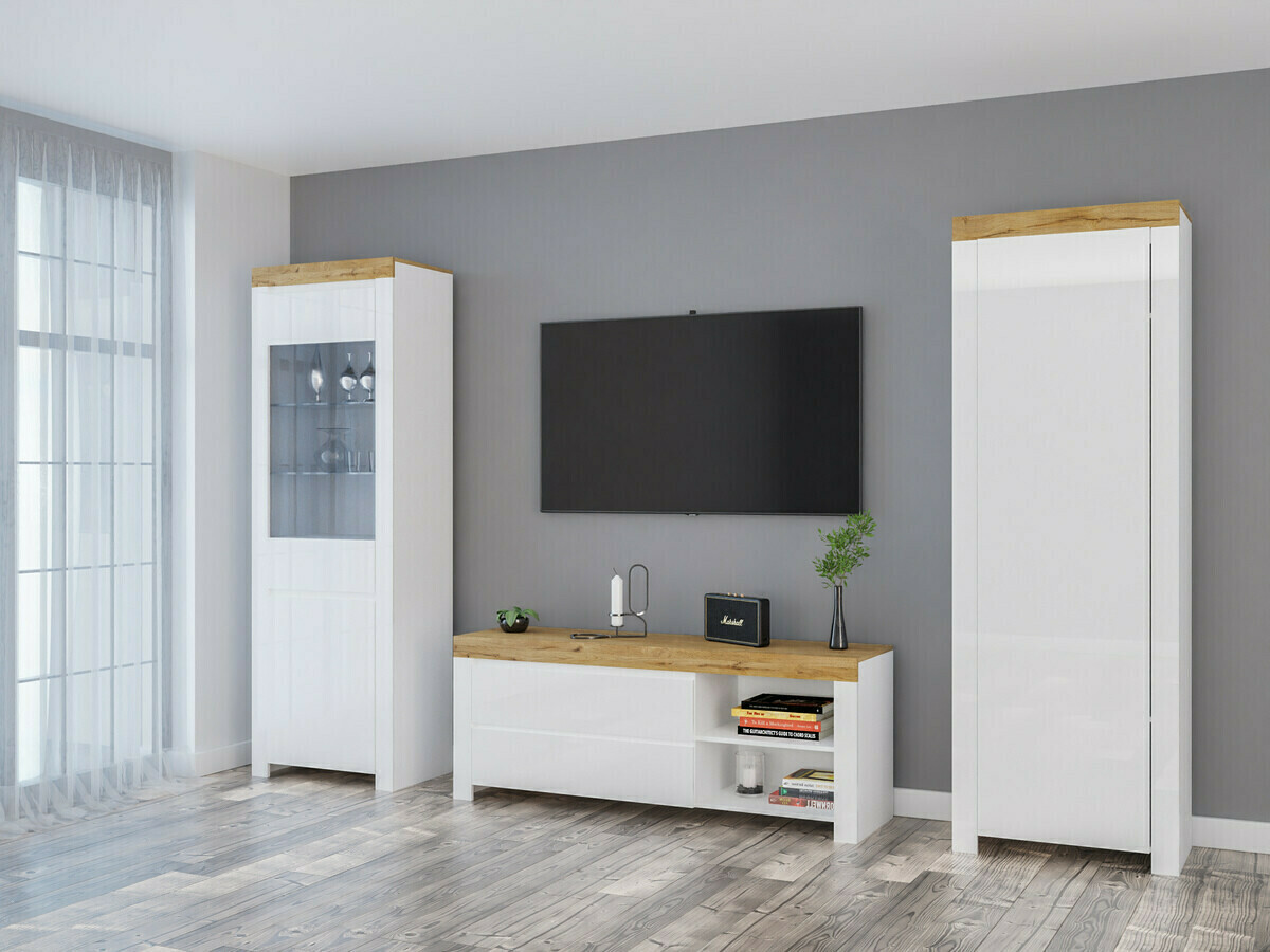 Estantería Sonsoru 104 (Blanco + Blanco brillante + Roble wotan)