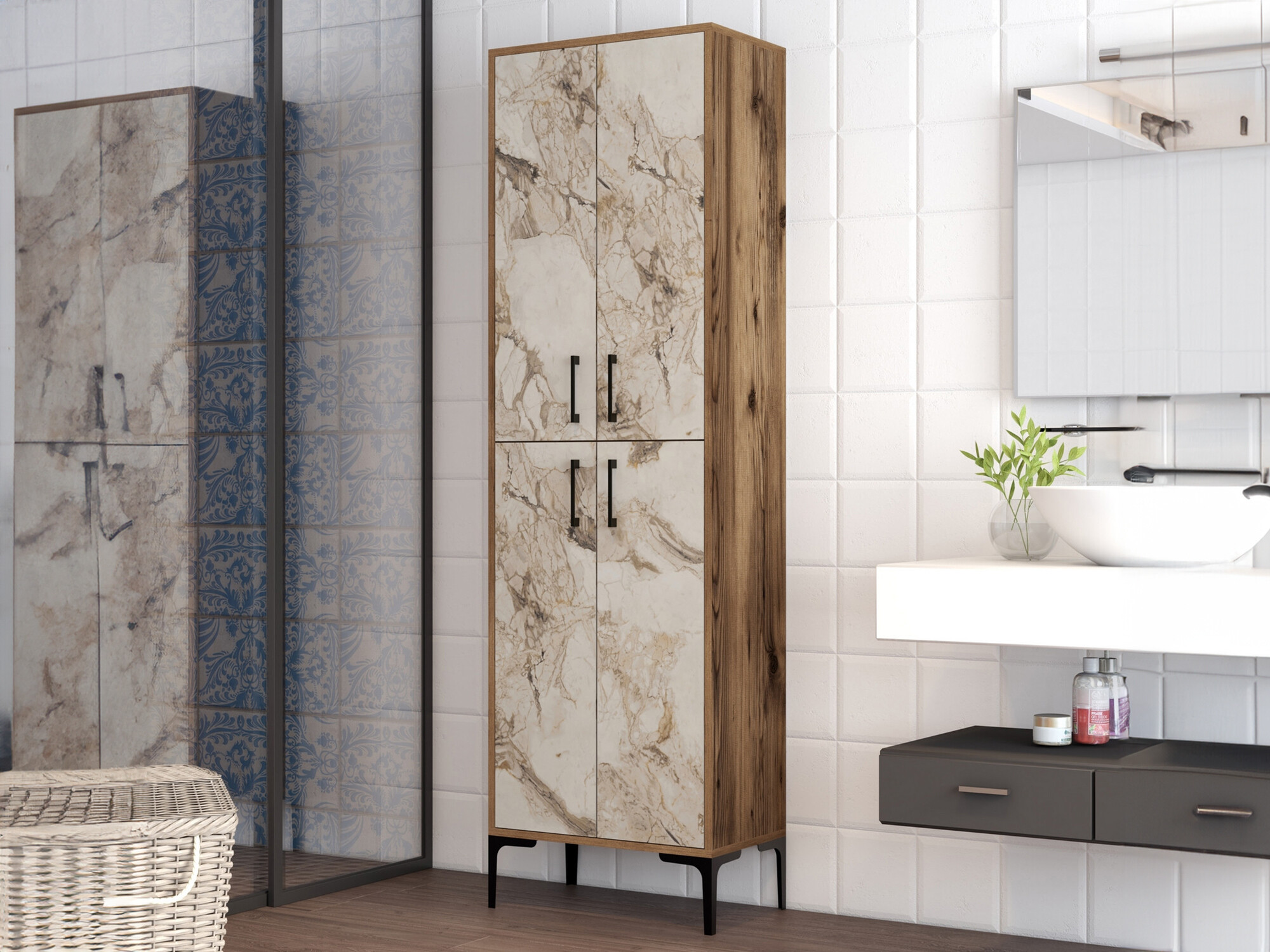 Armario de baño de pie Kailua 2068 (Nuez + Mármol marrón)