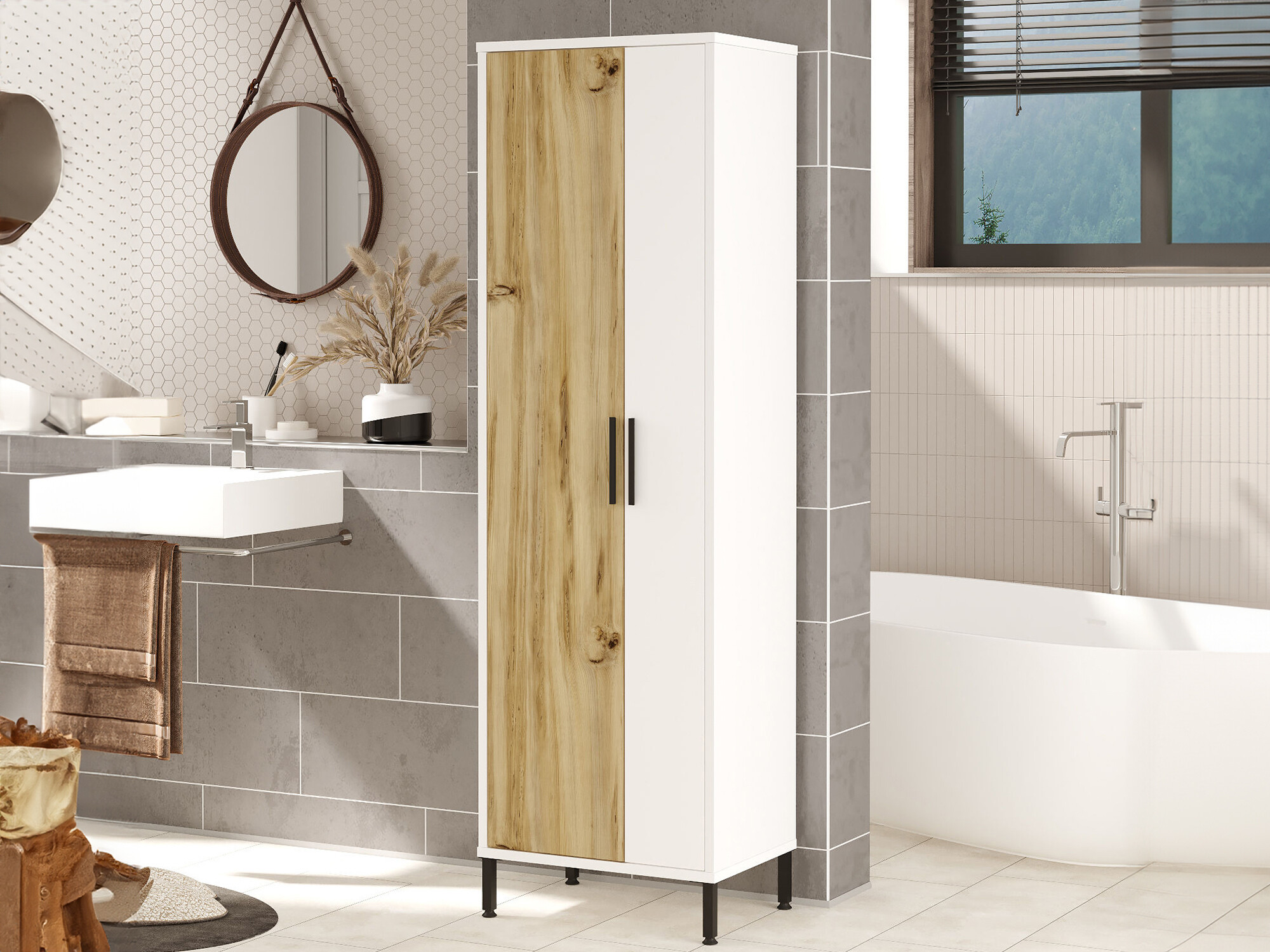 Armario de pie para baño Kailua 2071 (Blanco + Nuez)