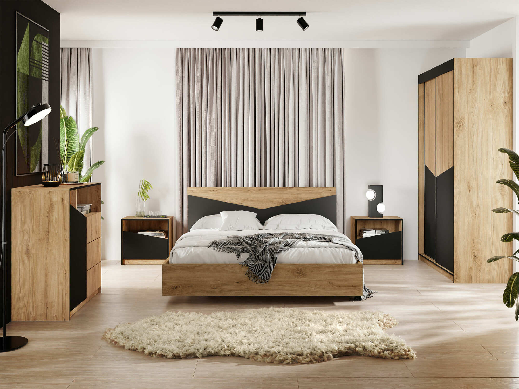 Conjunto de dormitorio Tenreme 108 (Roble + Negro)