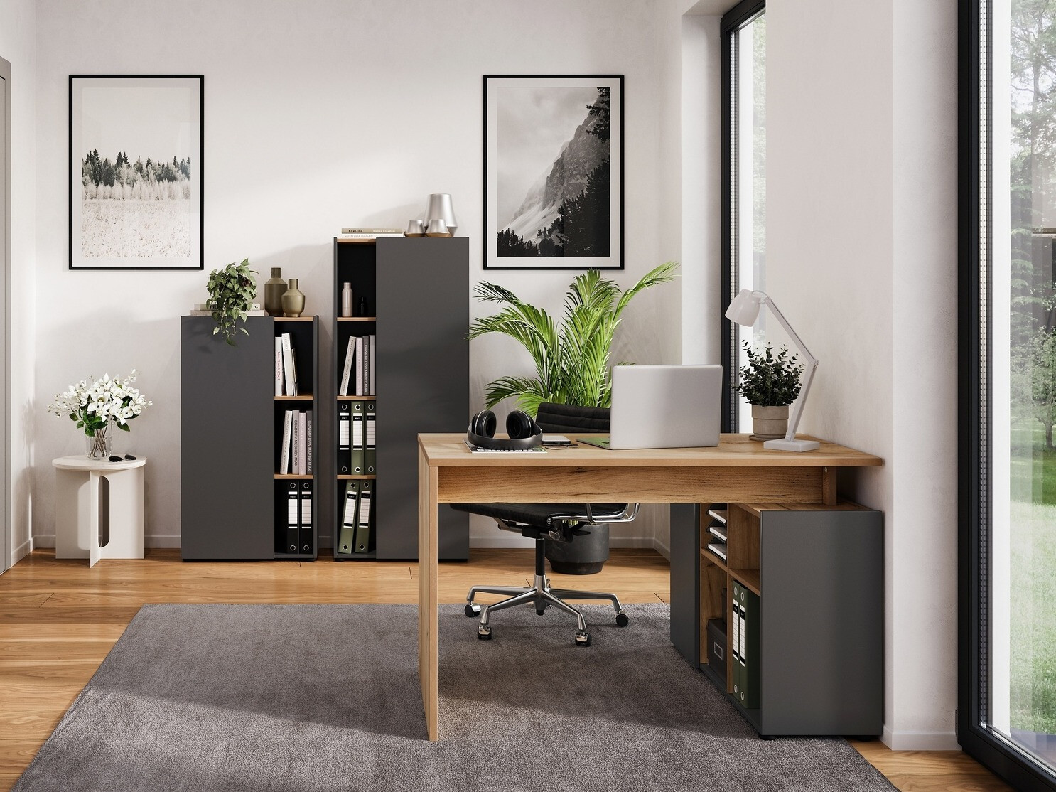 Conjunto para oficina en casa Evarsoa 105 (Grafito + Navarra roble)