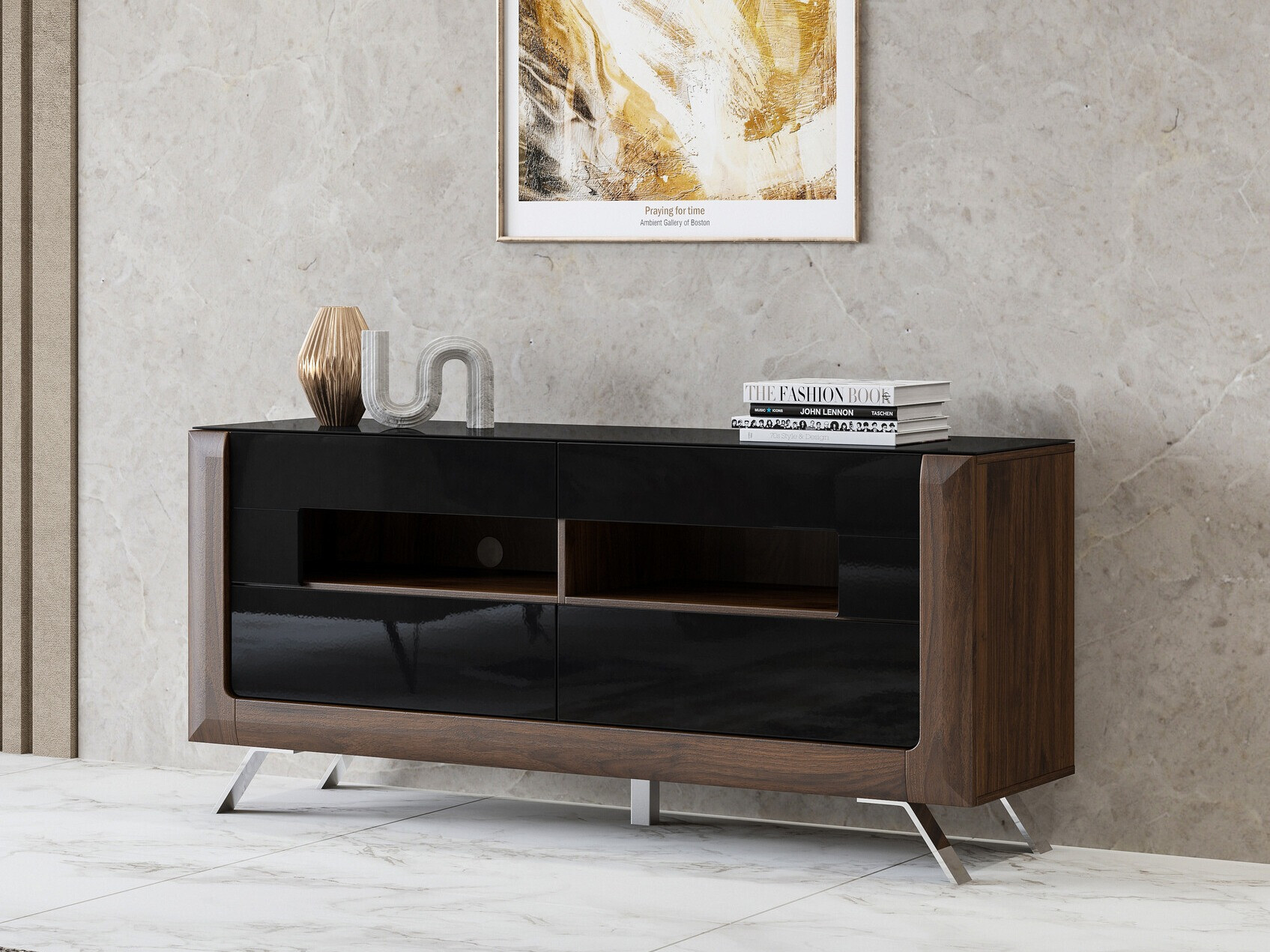 Mueble TV Sovera 105 (Nuez + Negro brillante)