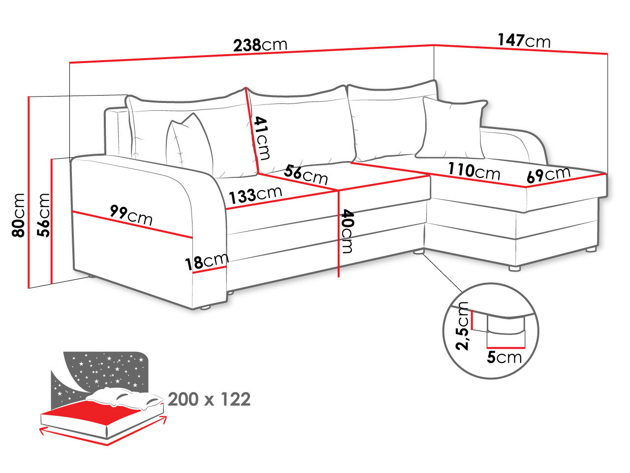 Sofá rinconero Comfivo 135 (Mikrofaza 15 + Mikrofaza 22)